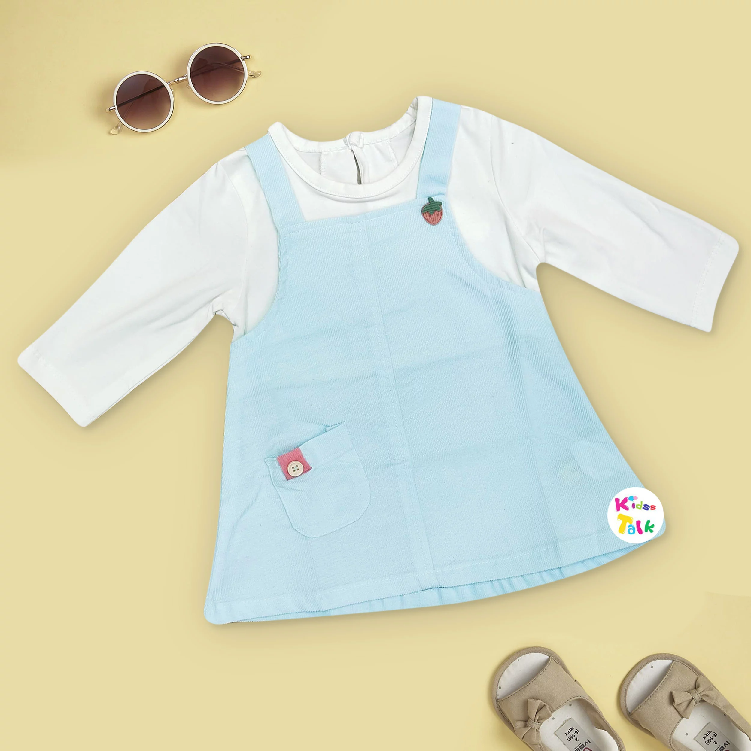 Cute Soft Corduroy Full Sleeve Frock Ice Blue