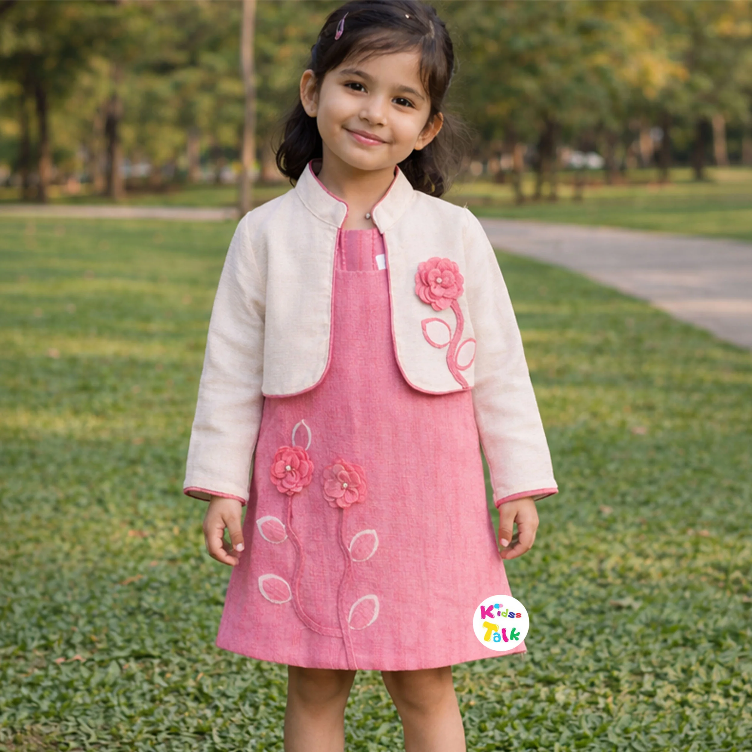 Cotton Sleeveless Frock With Shrug & Flower Applique - Baby Pink