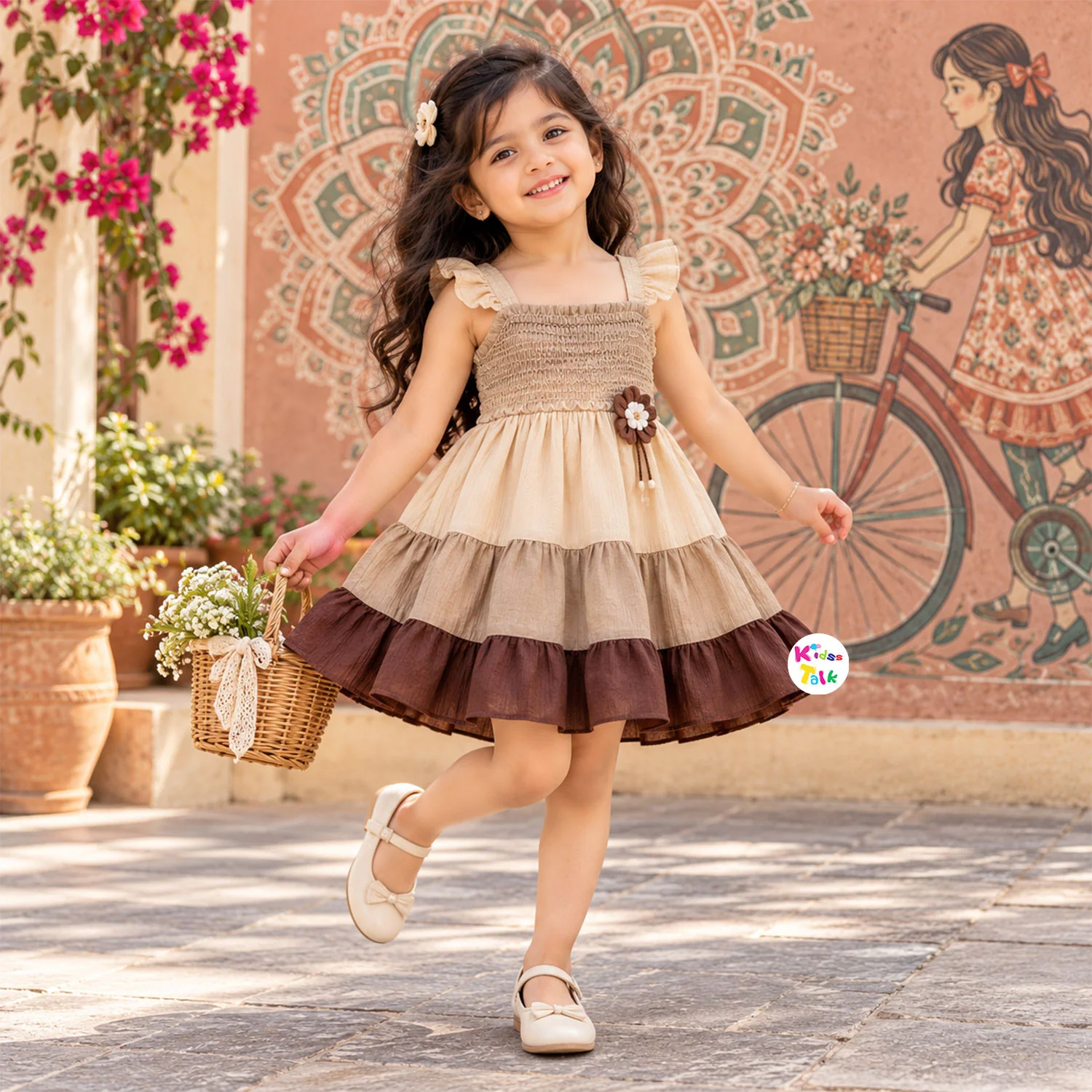 Cotton Ruffle Sleeve Tiered Frock Girls - Brown