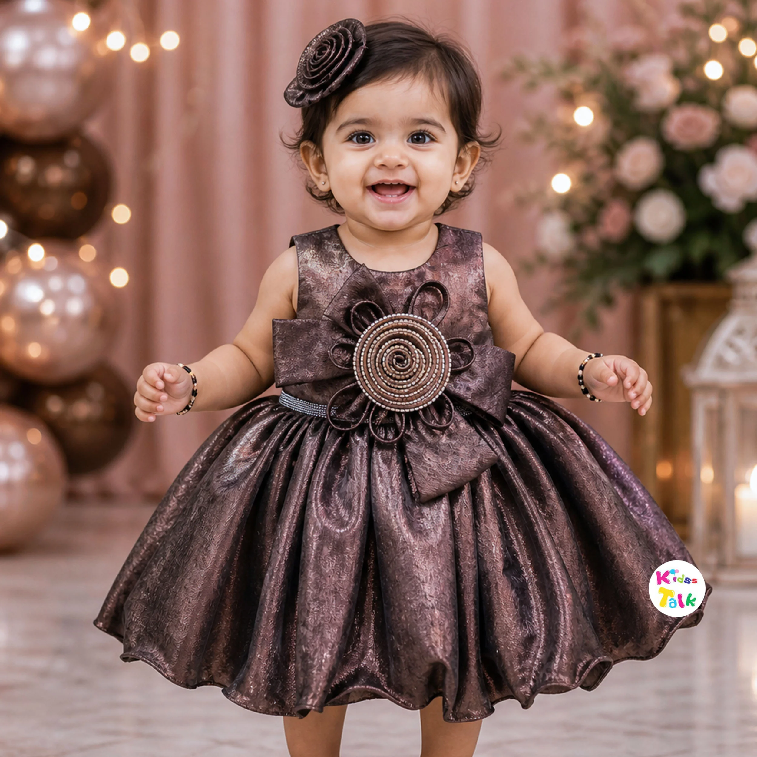 Shinny Shimmer Big Flower Party Frock - Brown