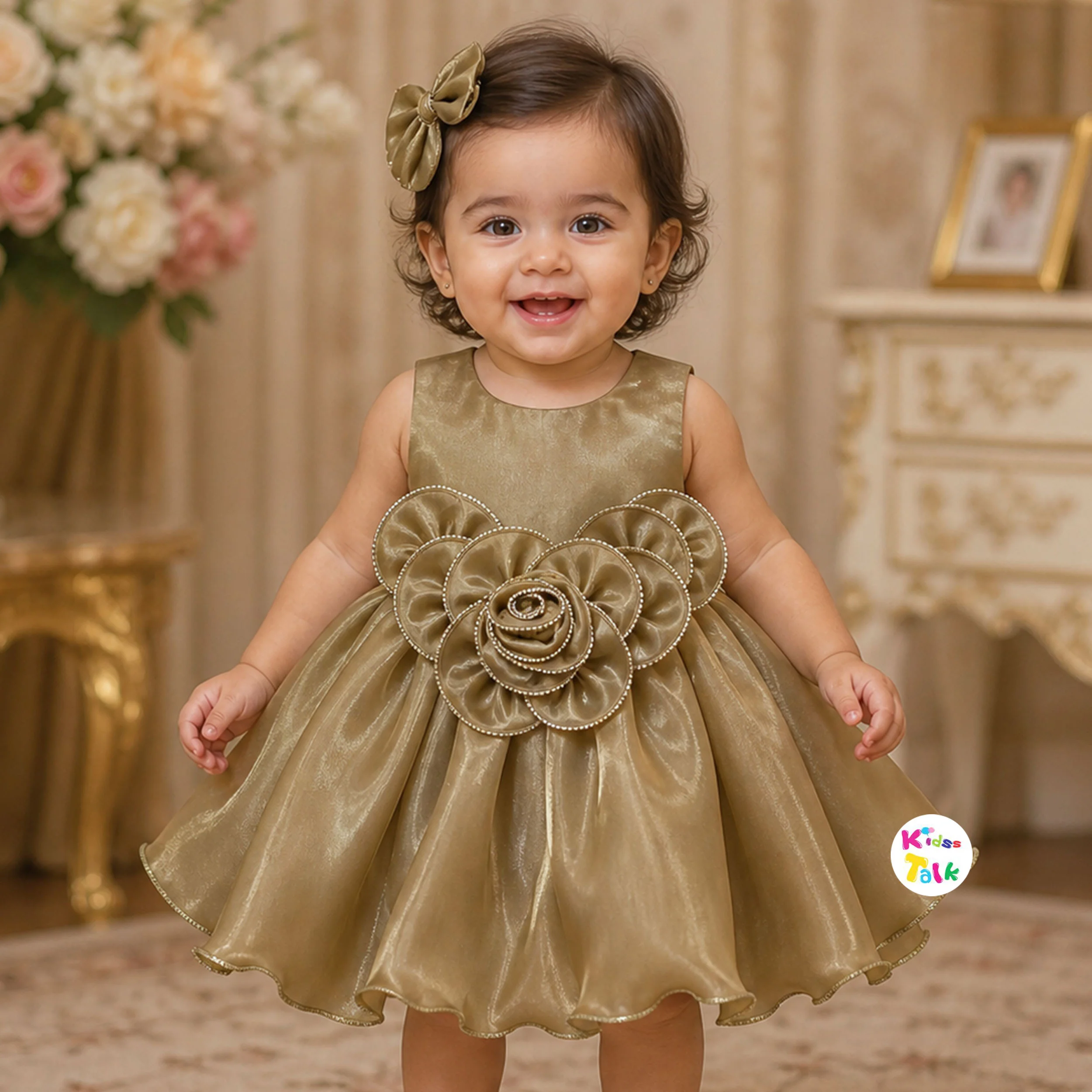 Shinny Satin Big Flower Party Frock - Golden