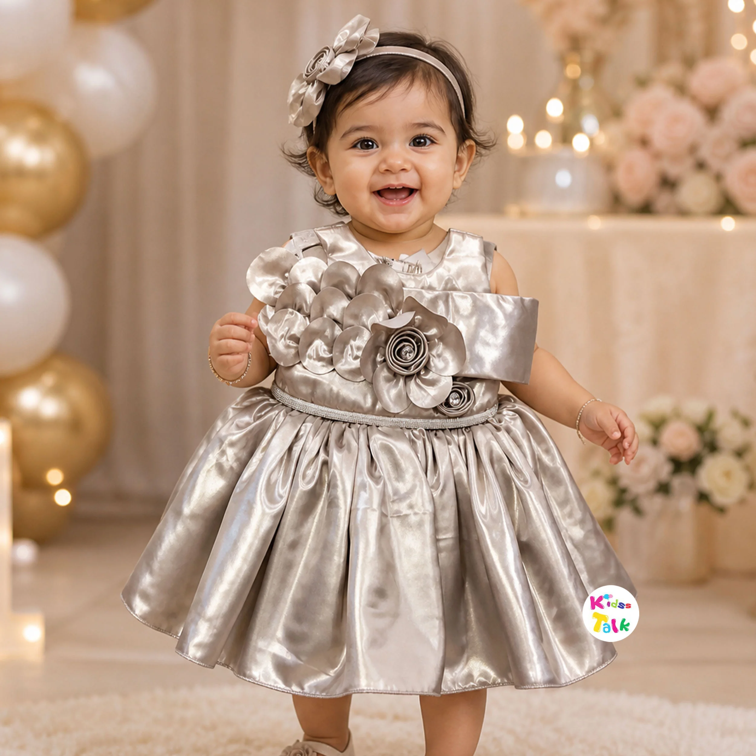Shinny Shimmer Big Flower Party Frock - Golden