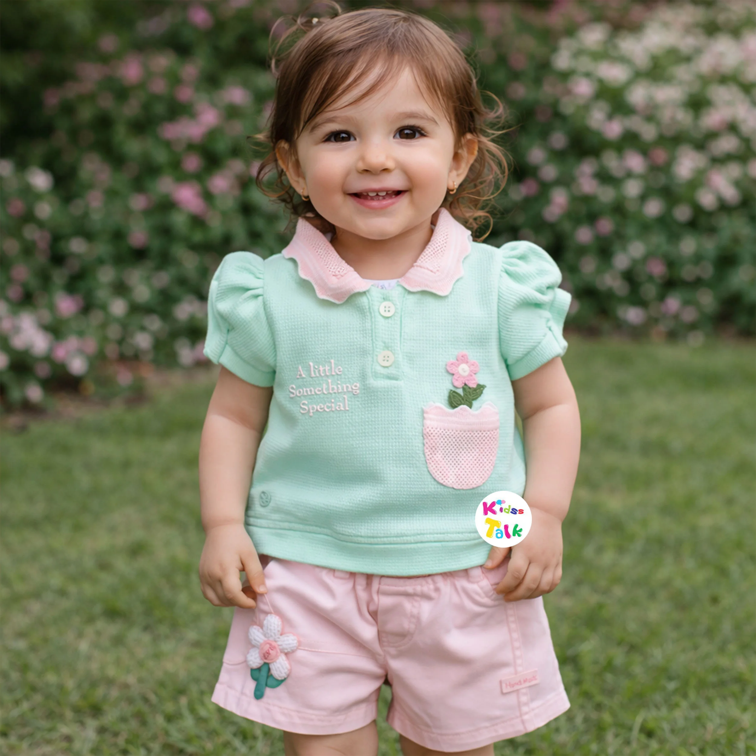 Cotton Half Sleeve Top With Cute Patch Work & Half Pant - Mint Green