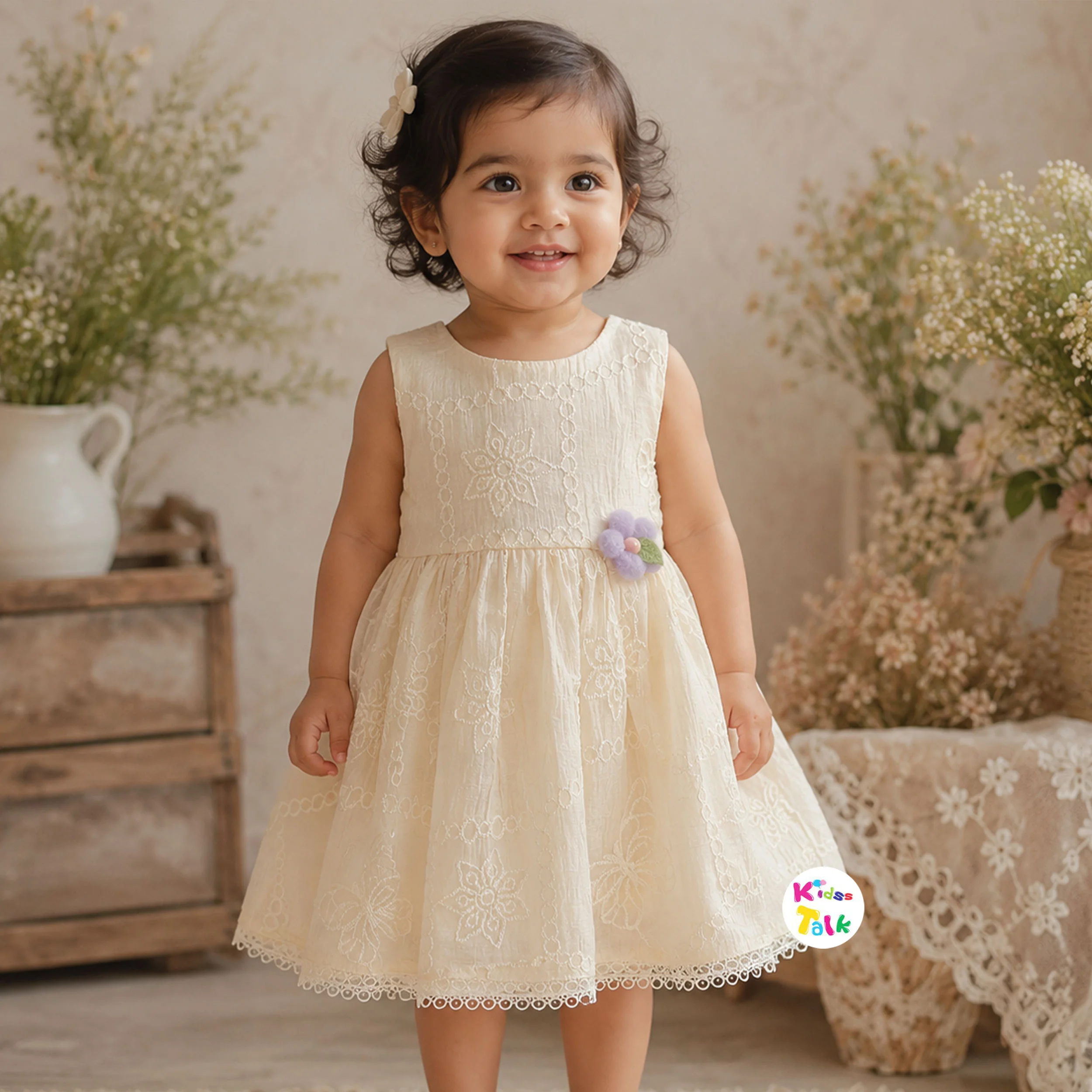 Cotton Sleeveless Frock With Embroidered - Cream