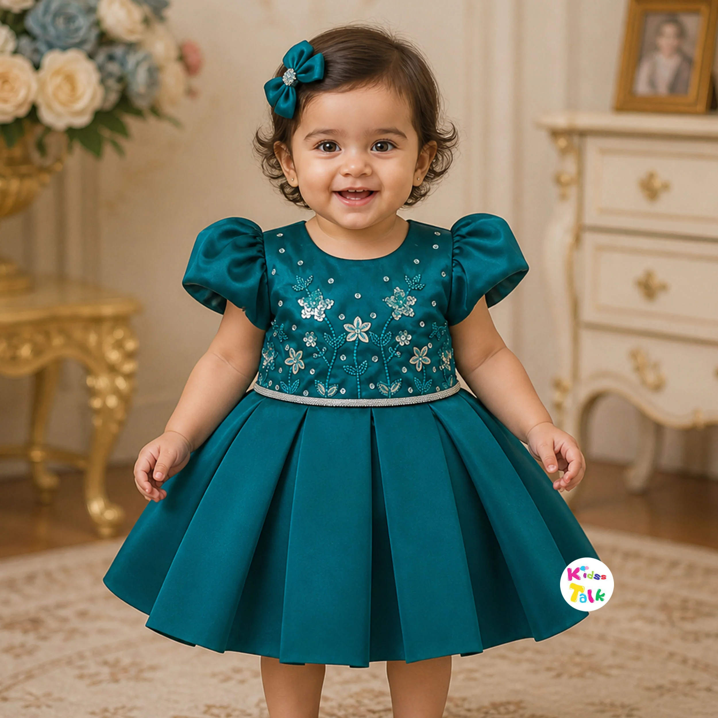 Shinny Satin Embroidery Party Frock - Green