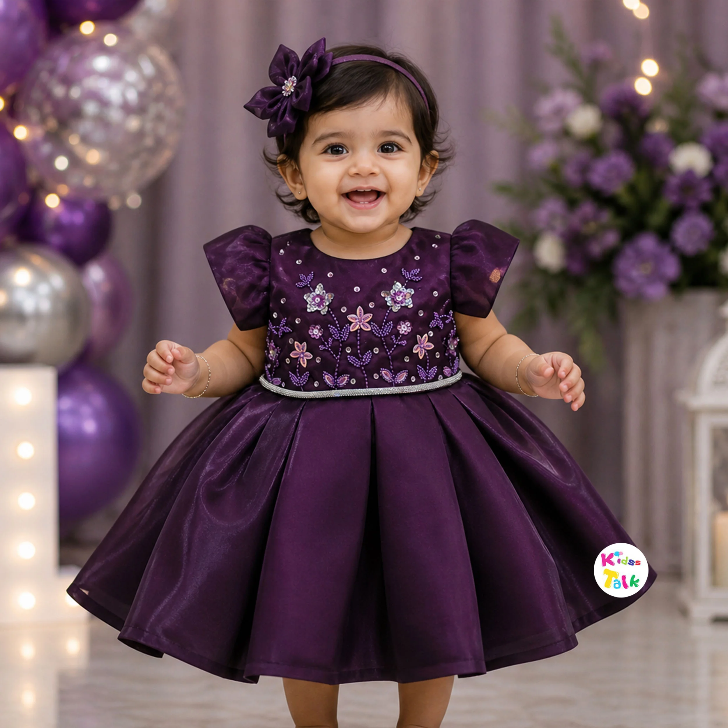Shinny Satin Embroidery Party Frock - Wine