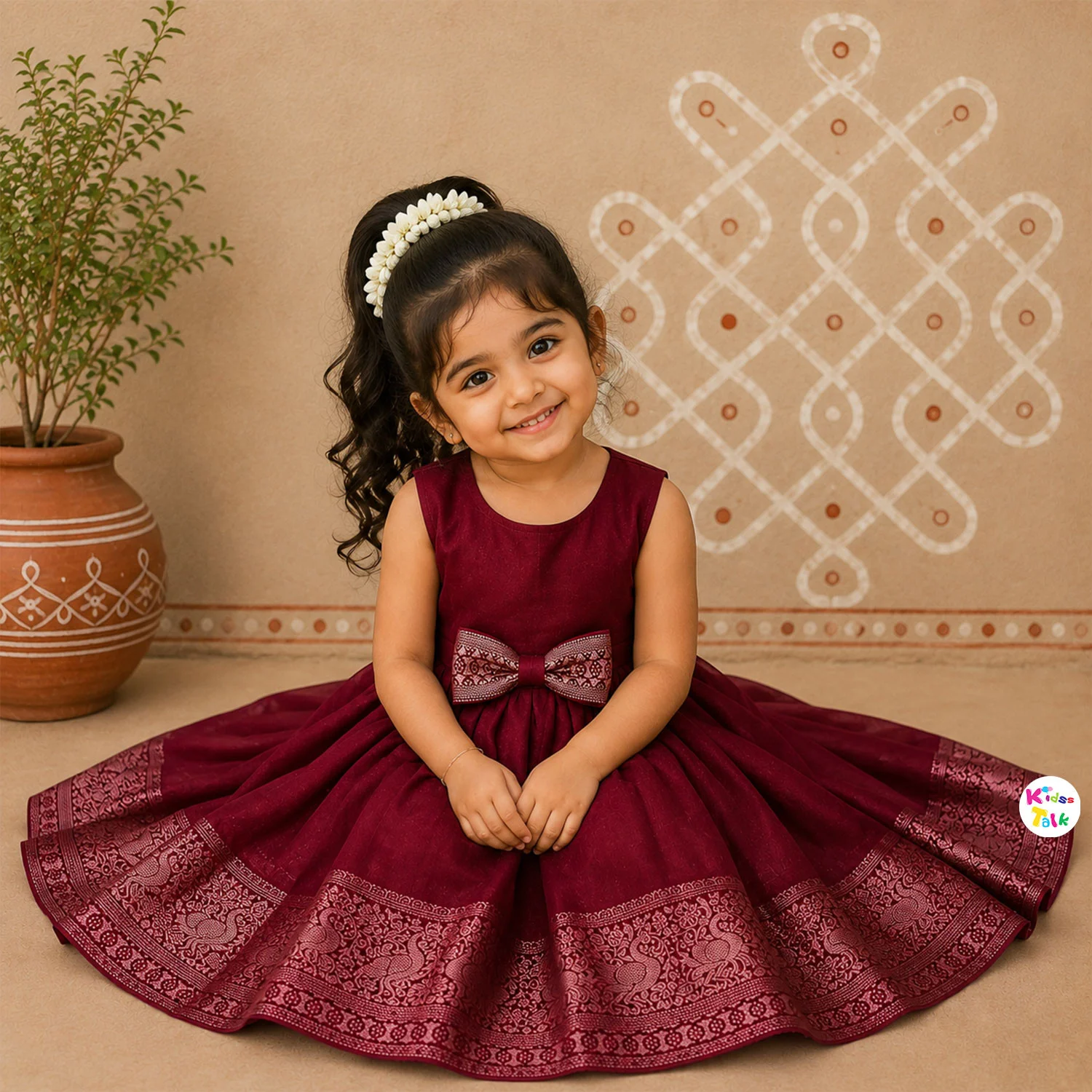 Georgette Sleeveless Frock With Bow - Red