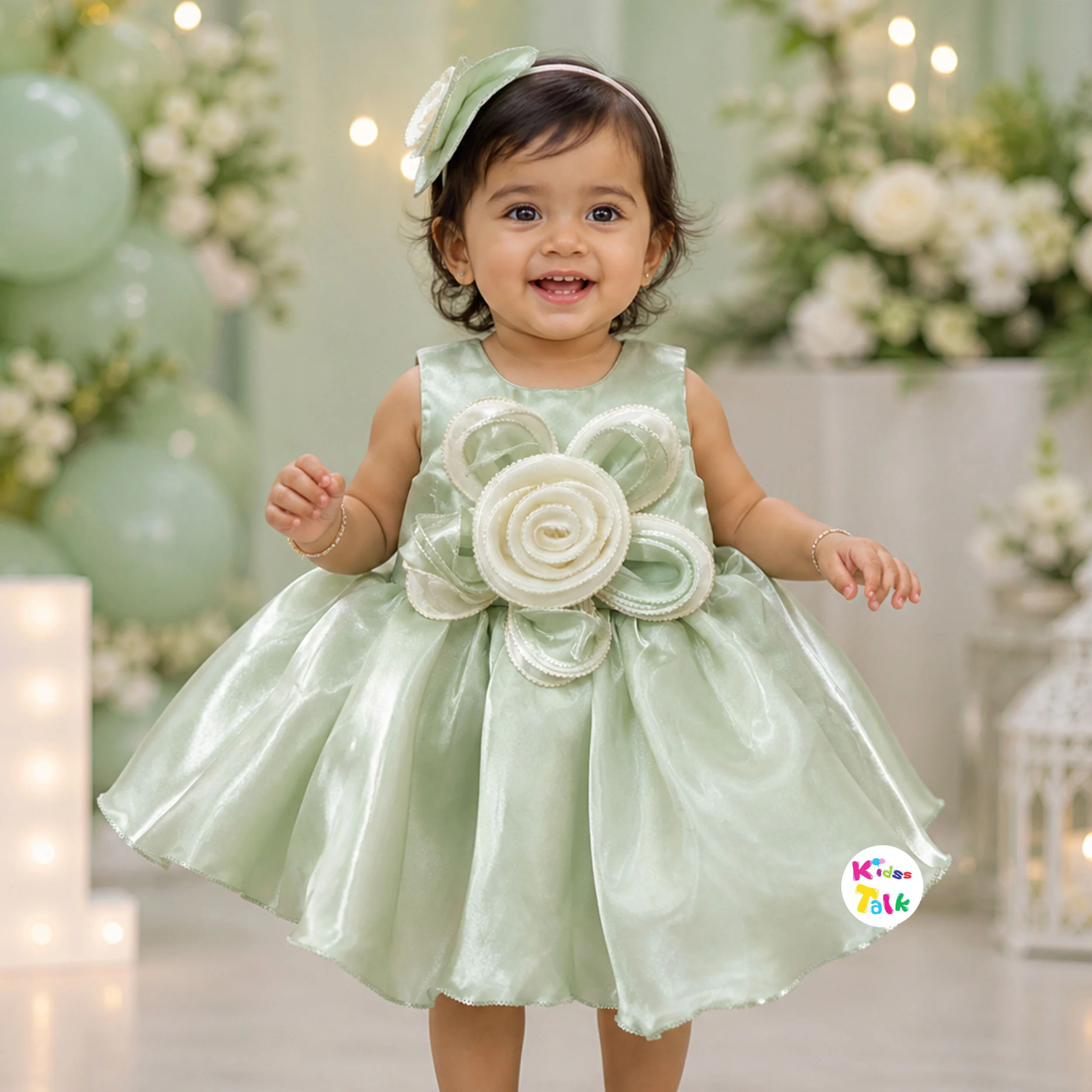 Shinny Satin Big Flower Party Frock - Pista Green