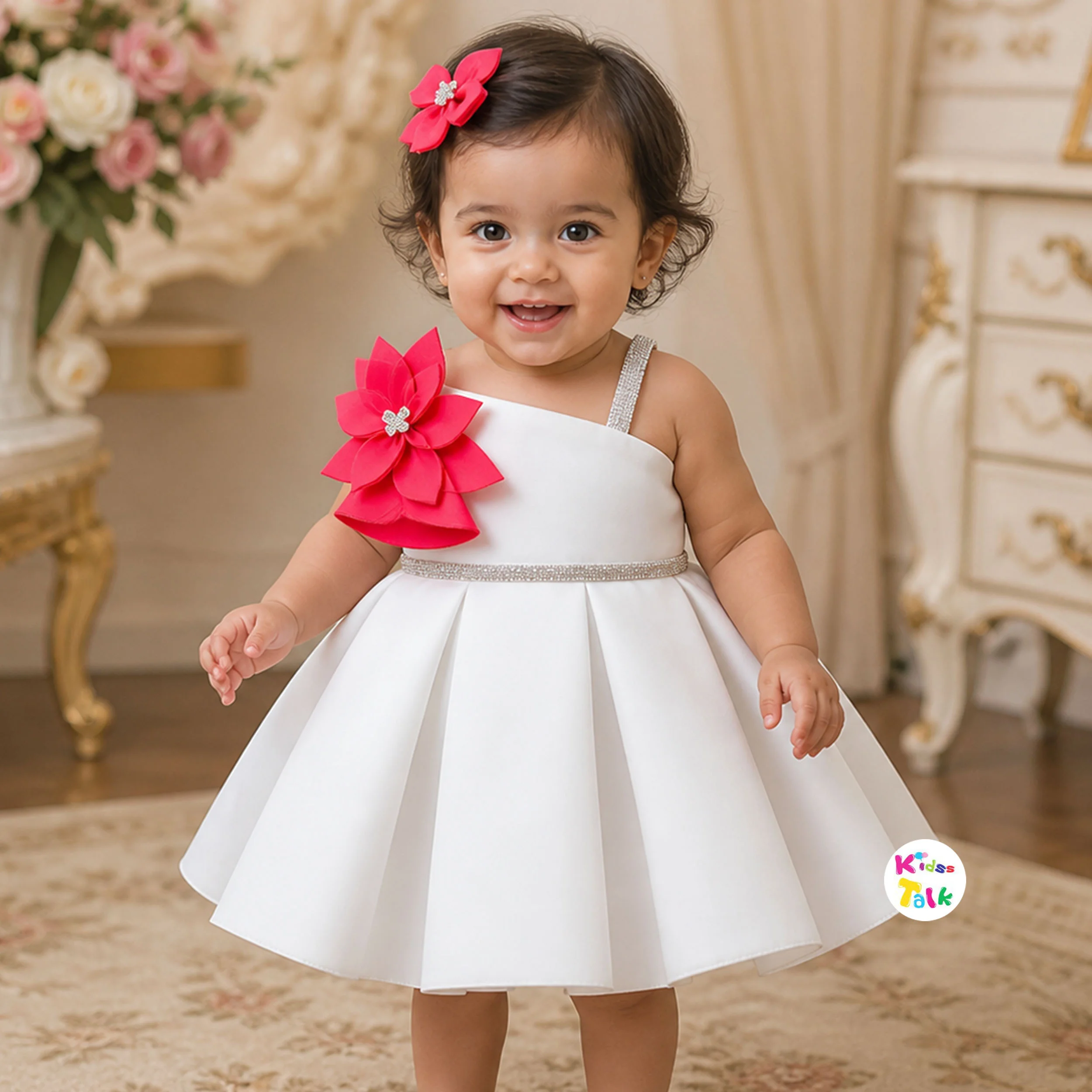 Stunning Scuba Party Frock With Flower - White
