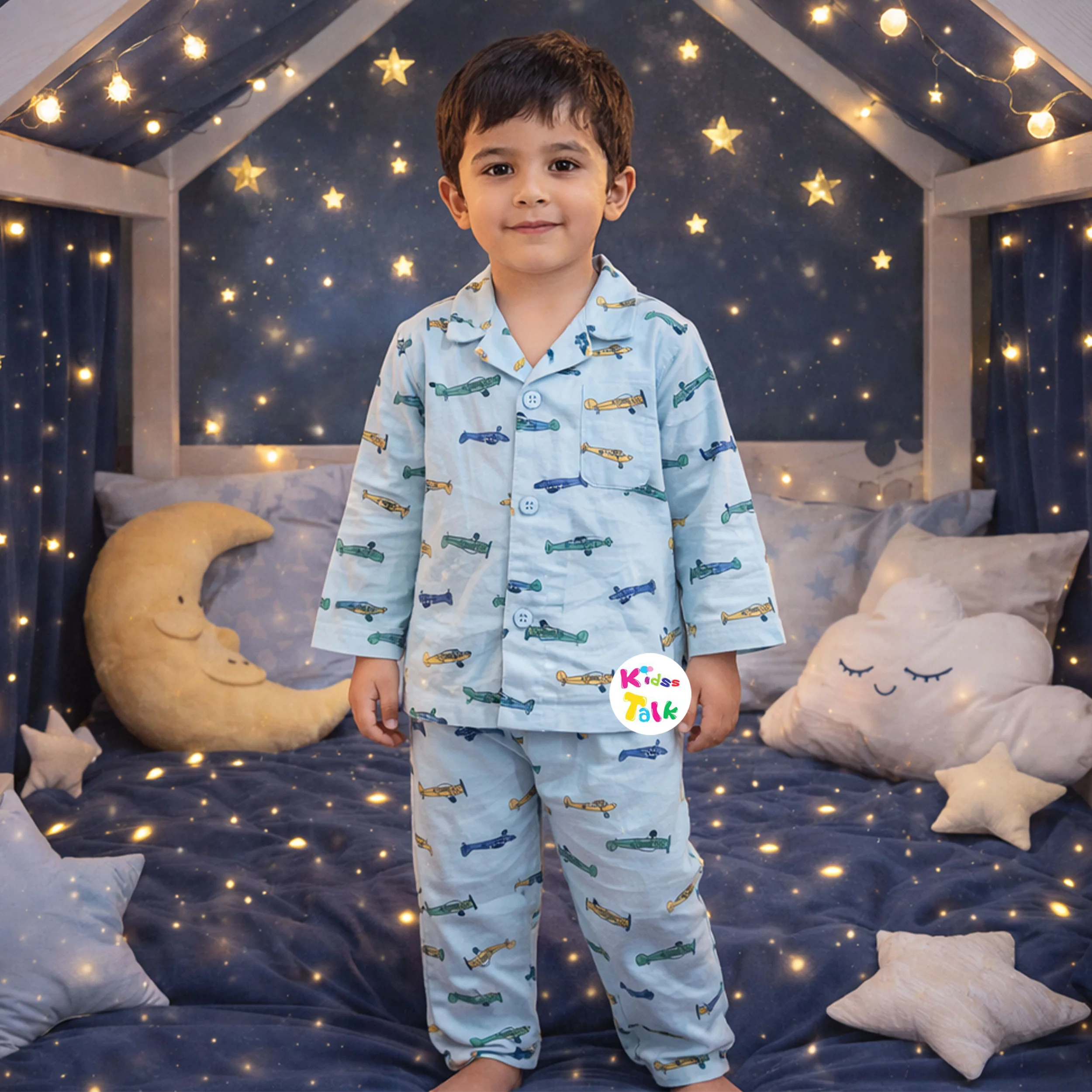 Cotton Full Sleeve Night Suit With Cute Printed - Peach