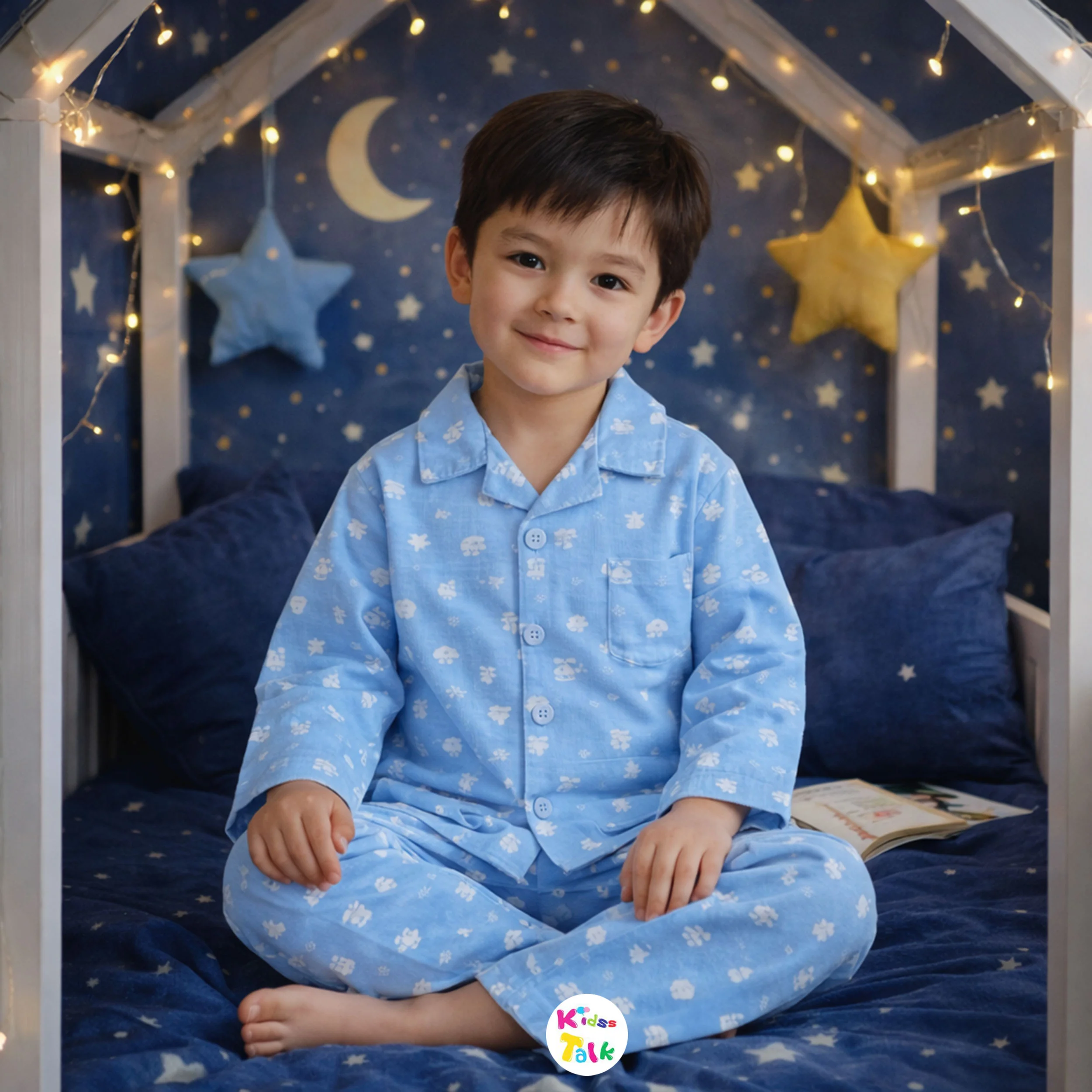 Cotton Full Sleeve Night Suit With Cute Printed - Ice Blue