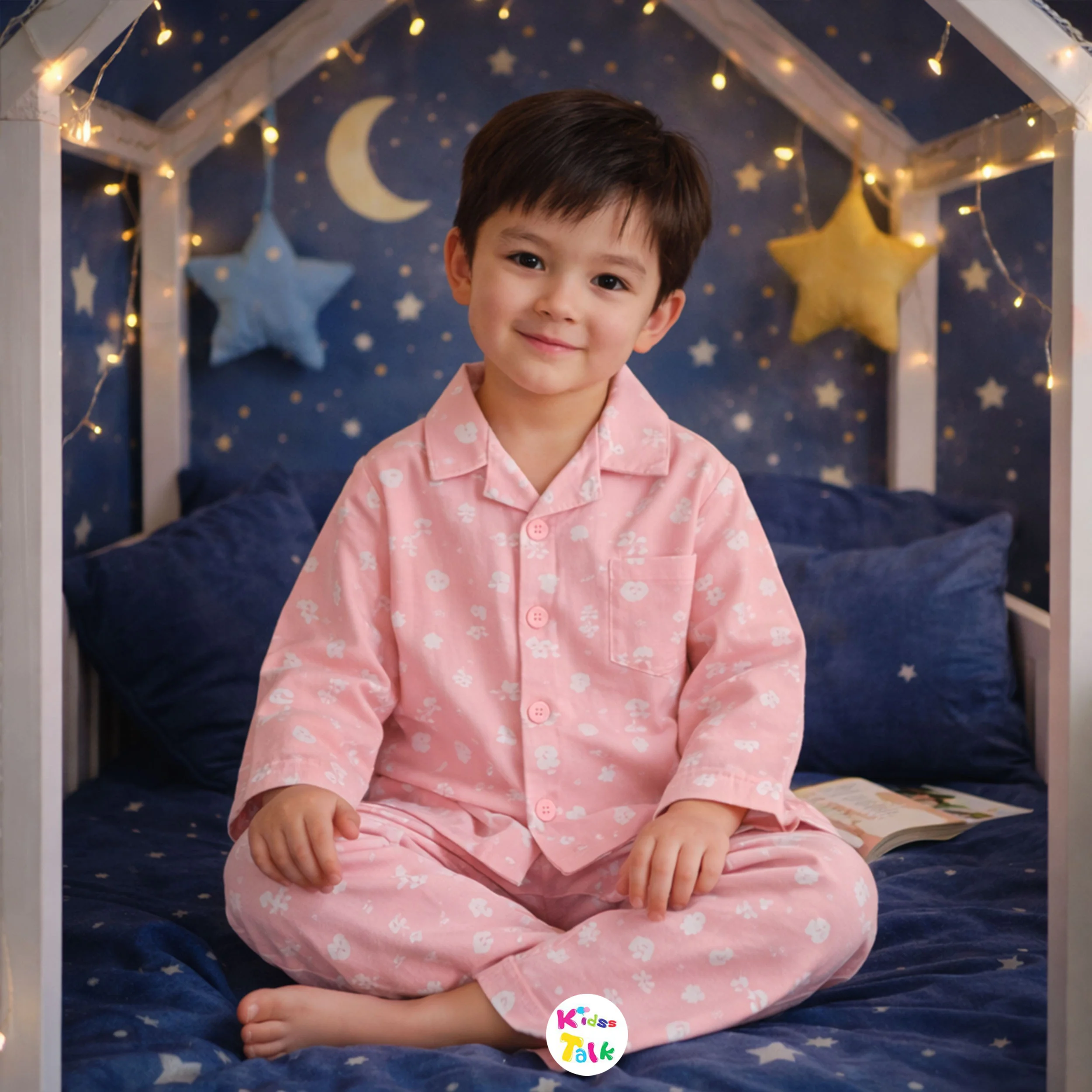 Cotton Full Sleeve Night Suit With Cute Printed - Peach