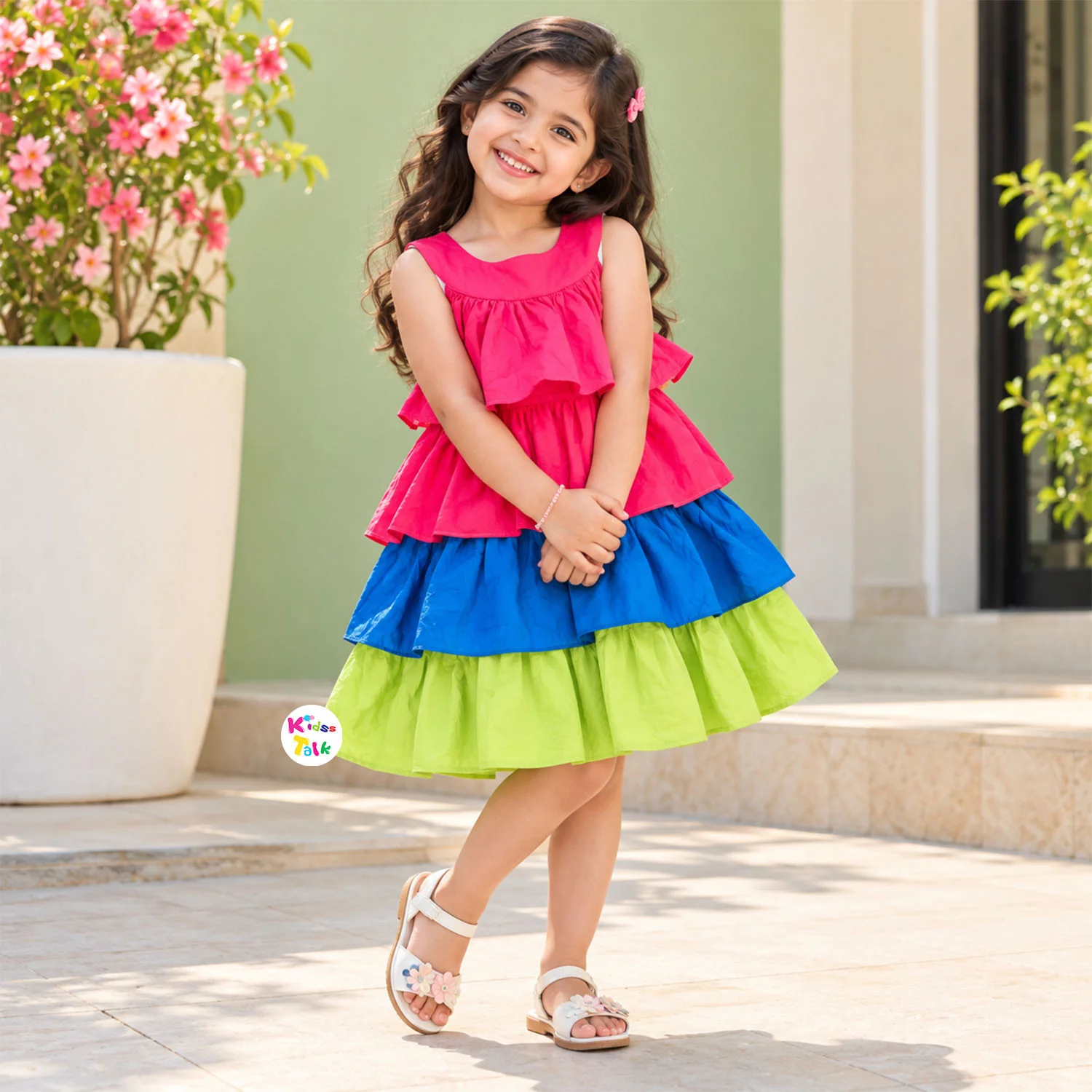 Poly Blend Ruffle Sleeve Frock With Fluffy Tiered Panels - Baby Pink