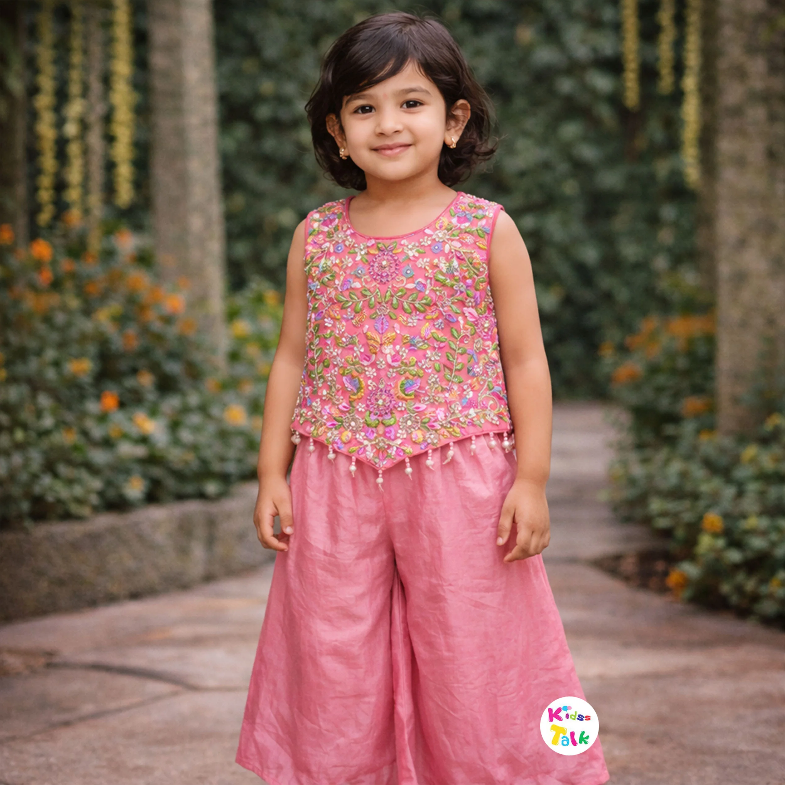 Satin Sleeeveless Embroidered Top With Gharara - Baby Pink