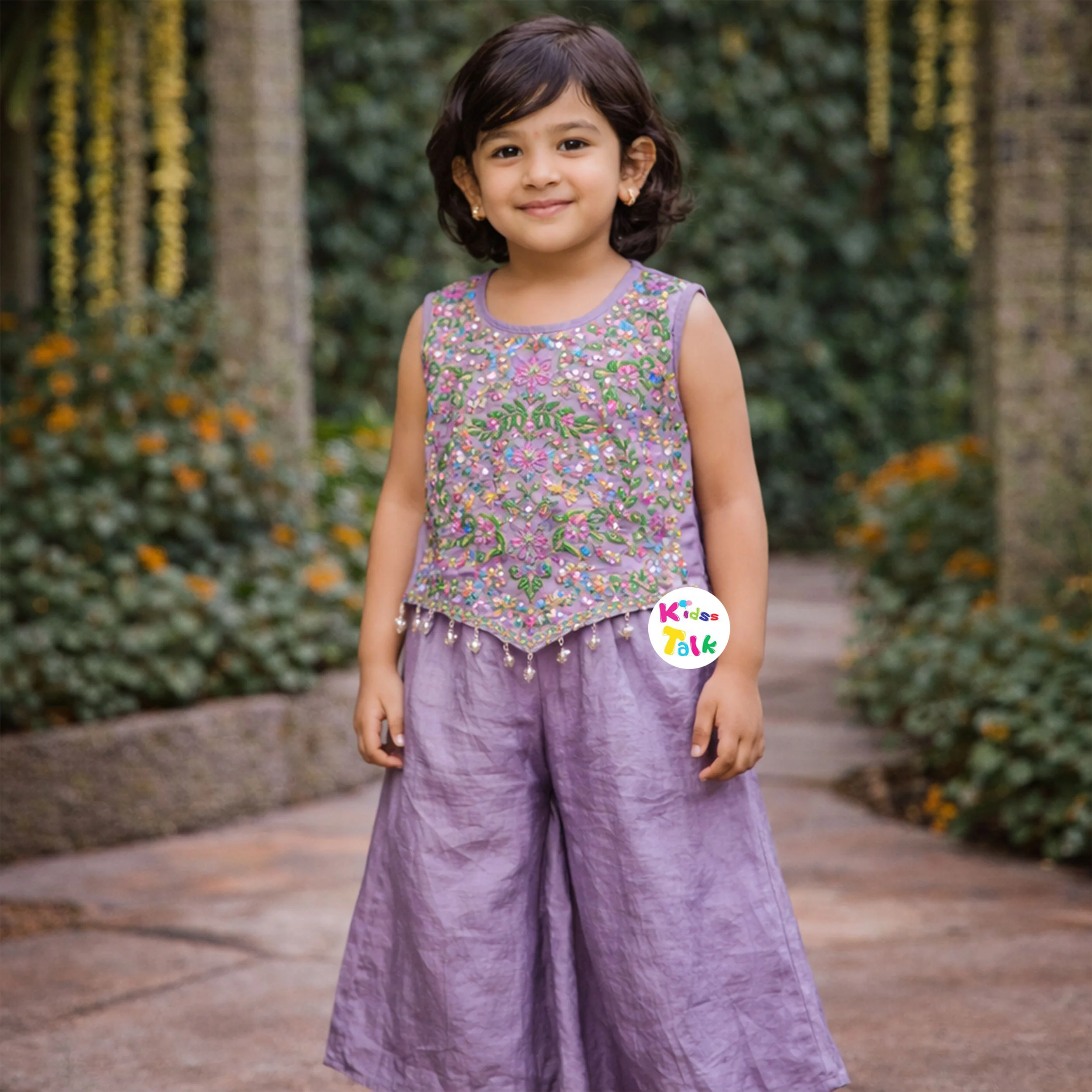 Satin Sleeeveless Embroidered Top With Gharara - Lavender