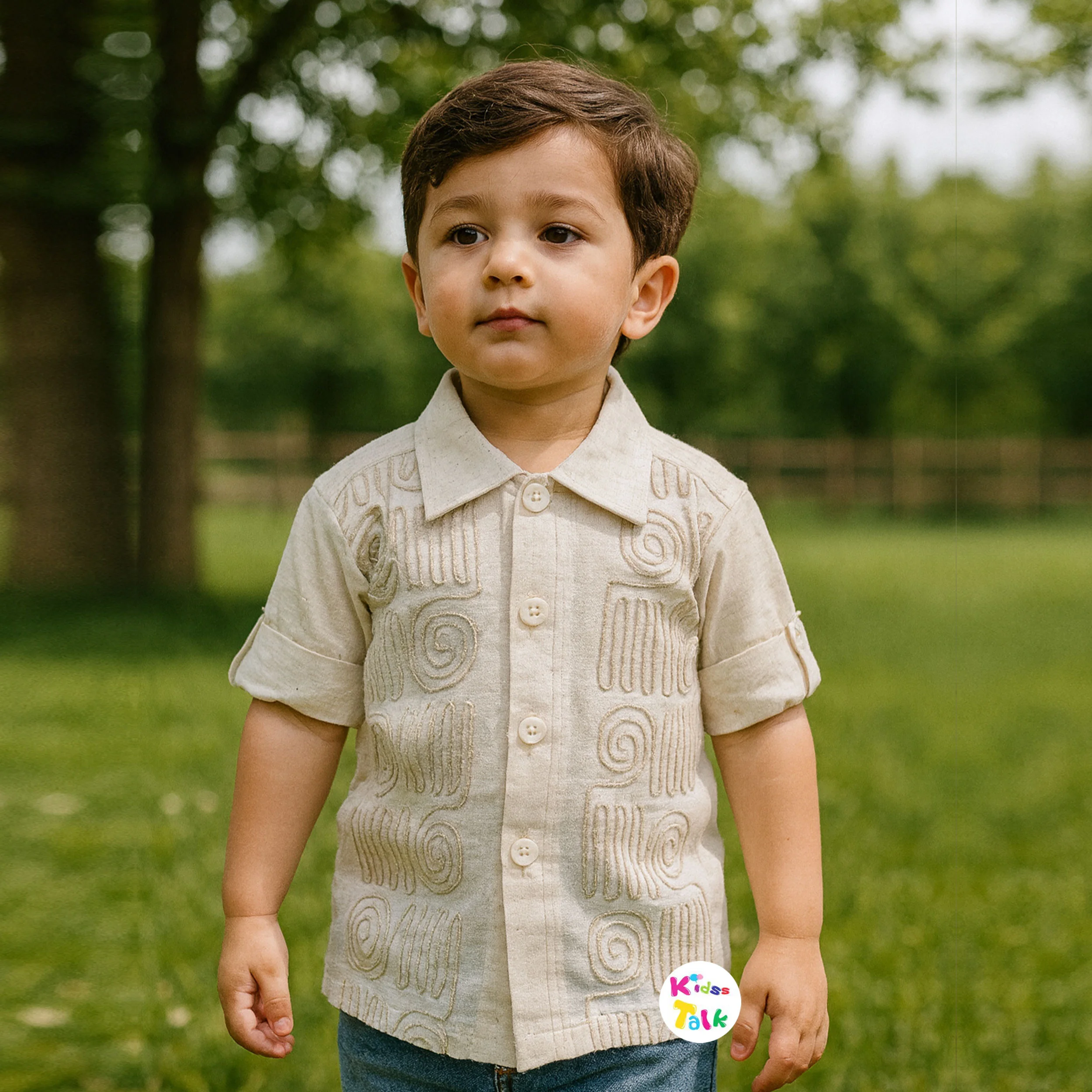 Cotton Full Sleeve Embroidered Shirt - Beige