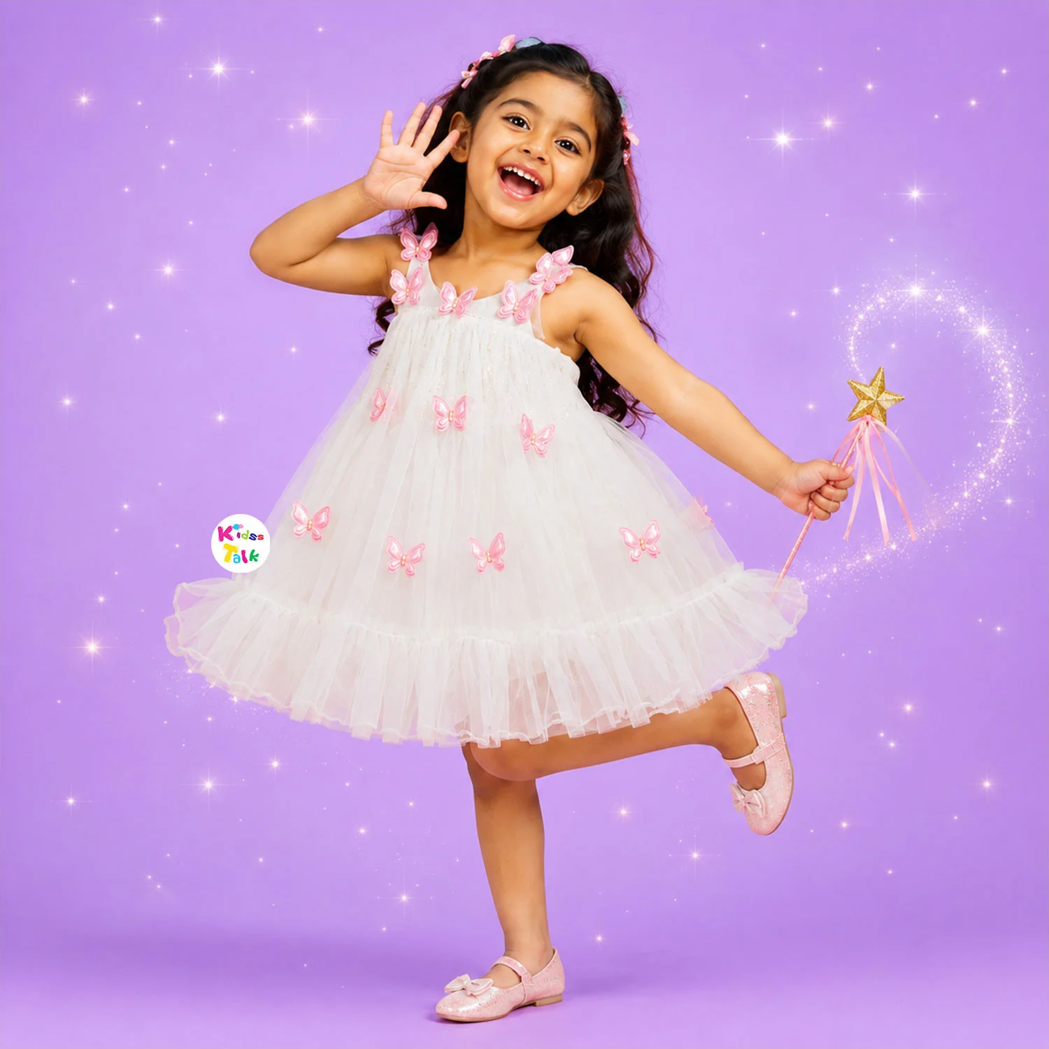 Net Sleeveless Party Frock With Butterfly Applique - Cream