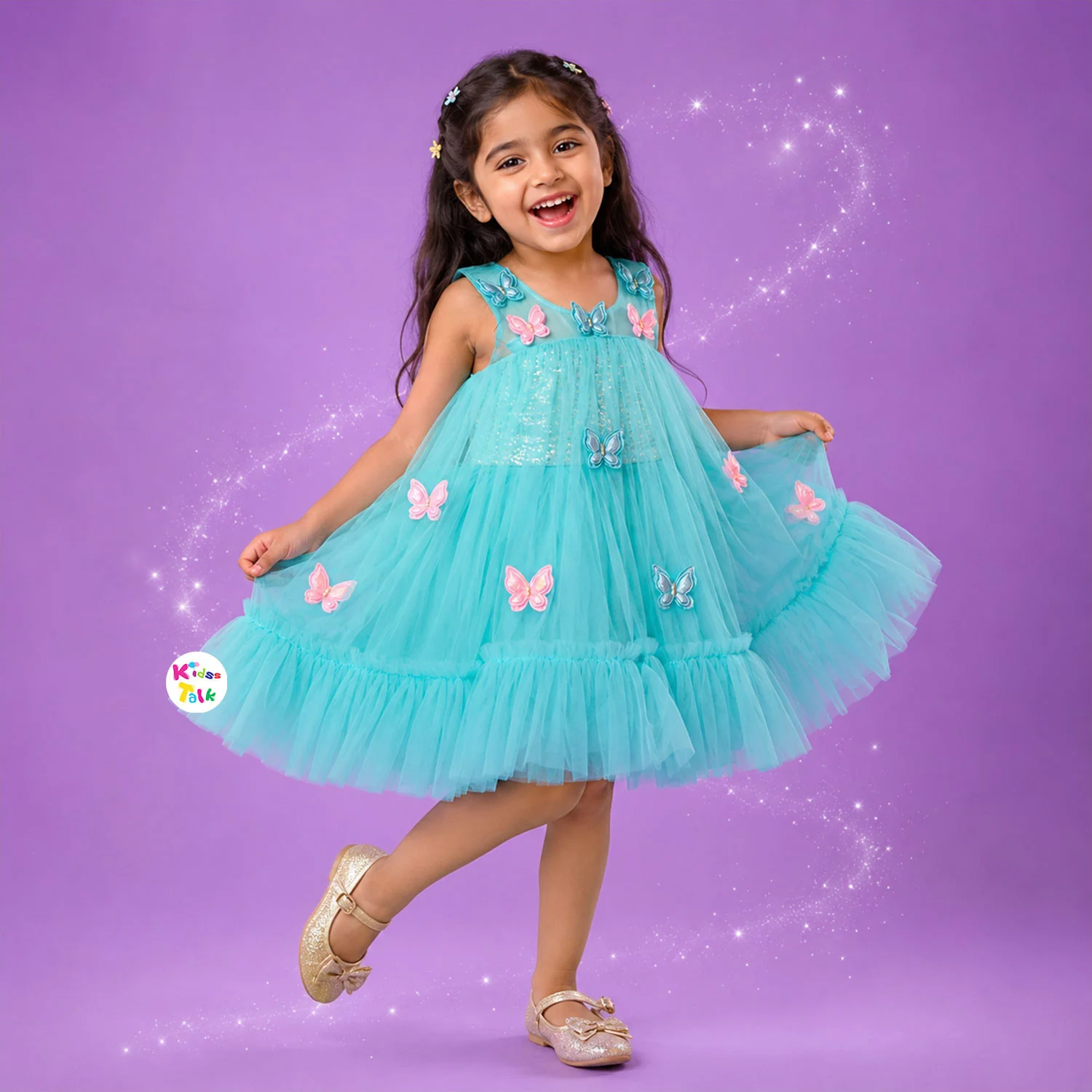 Net Sleeveless Party Frock With Butterfly Applique - Mint Green