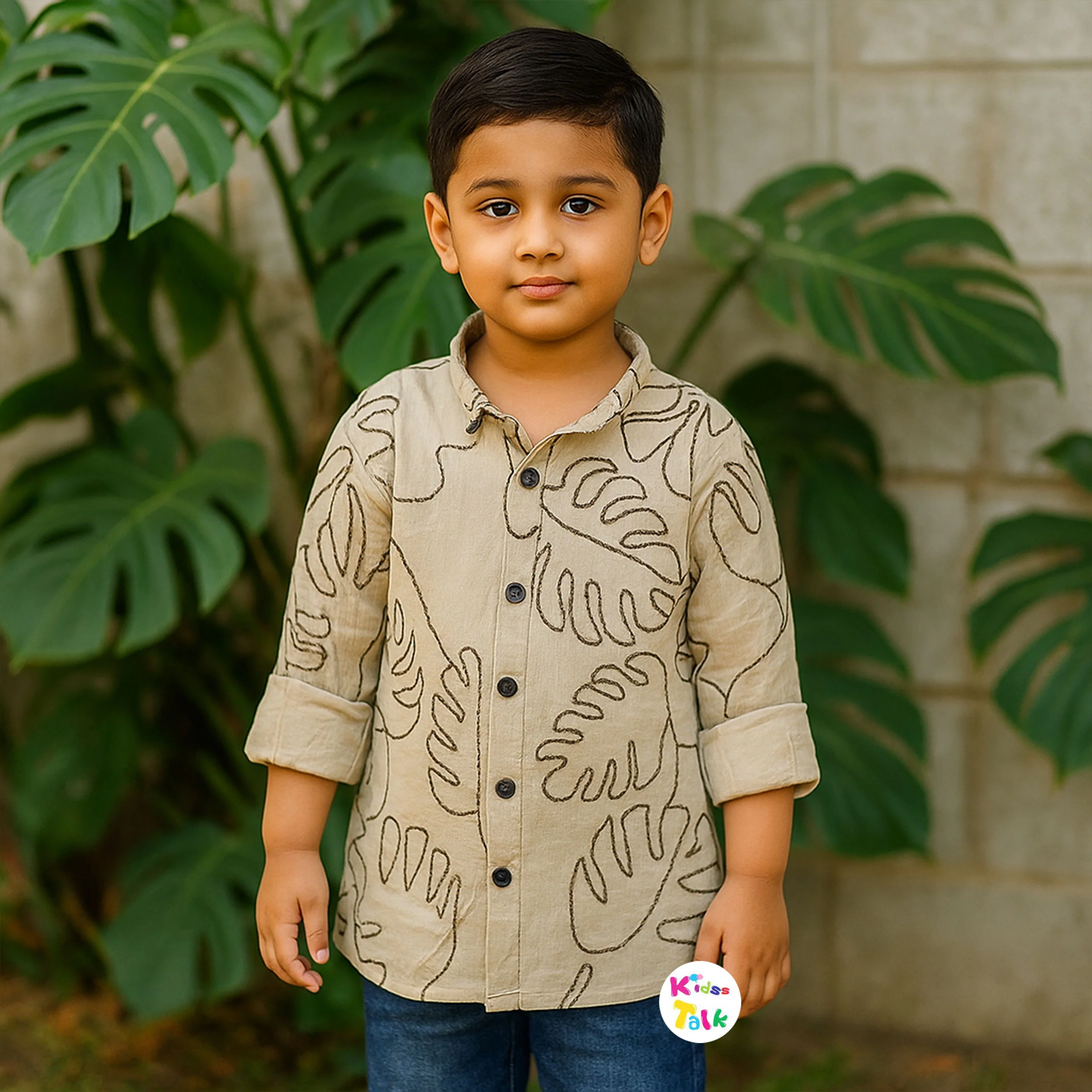 Cotton Half Sleeve Embroidered Shirt - Beige