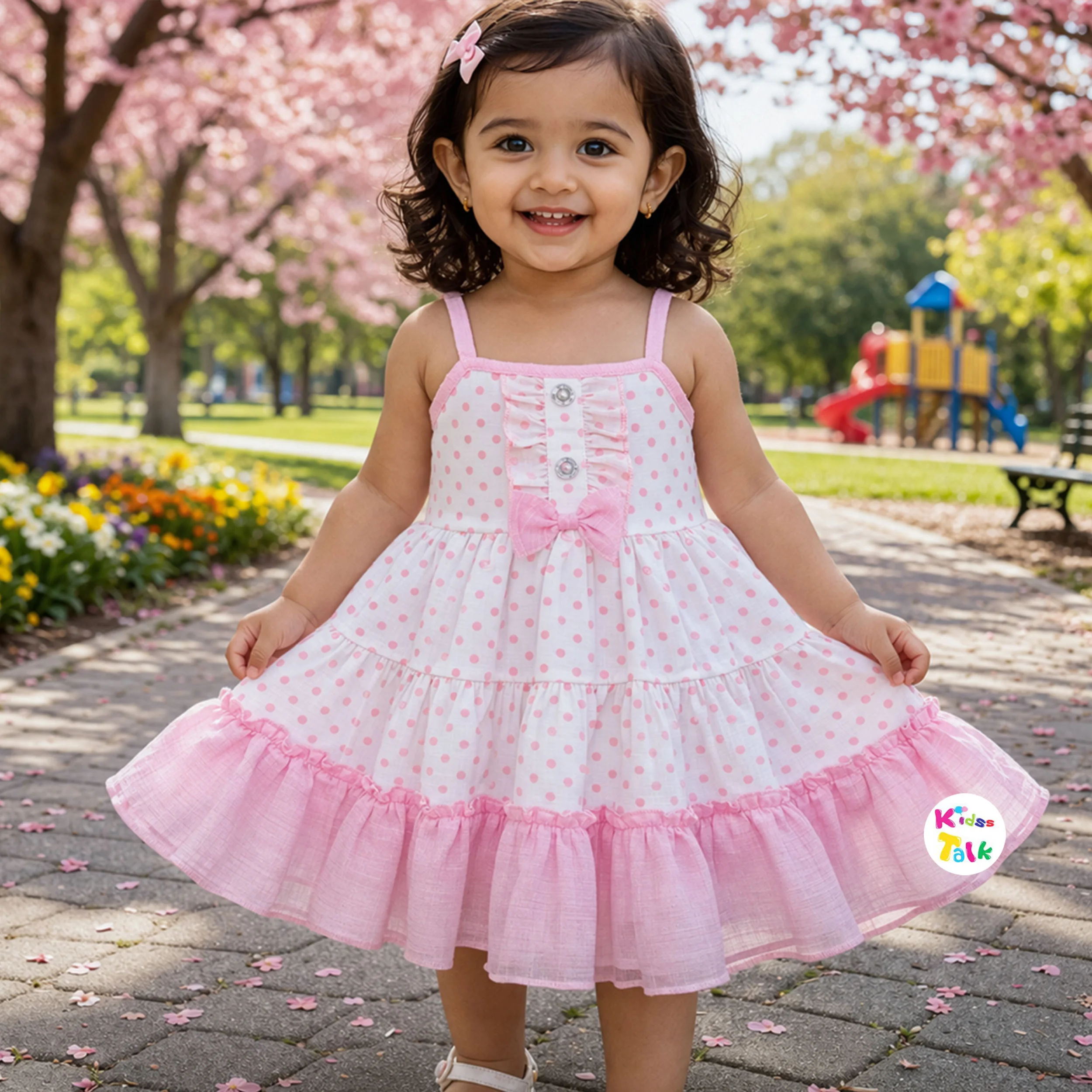 Cotton Sleeveless Frock With Polka Dots - Baby Pink