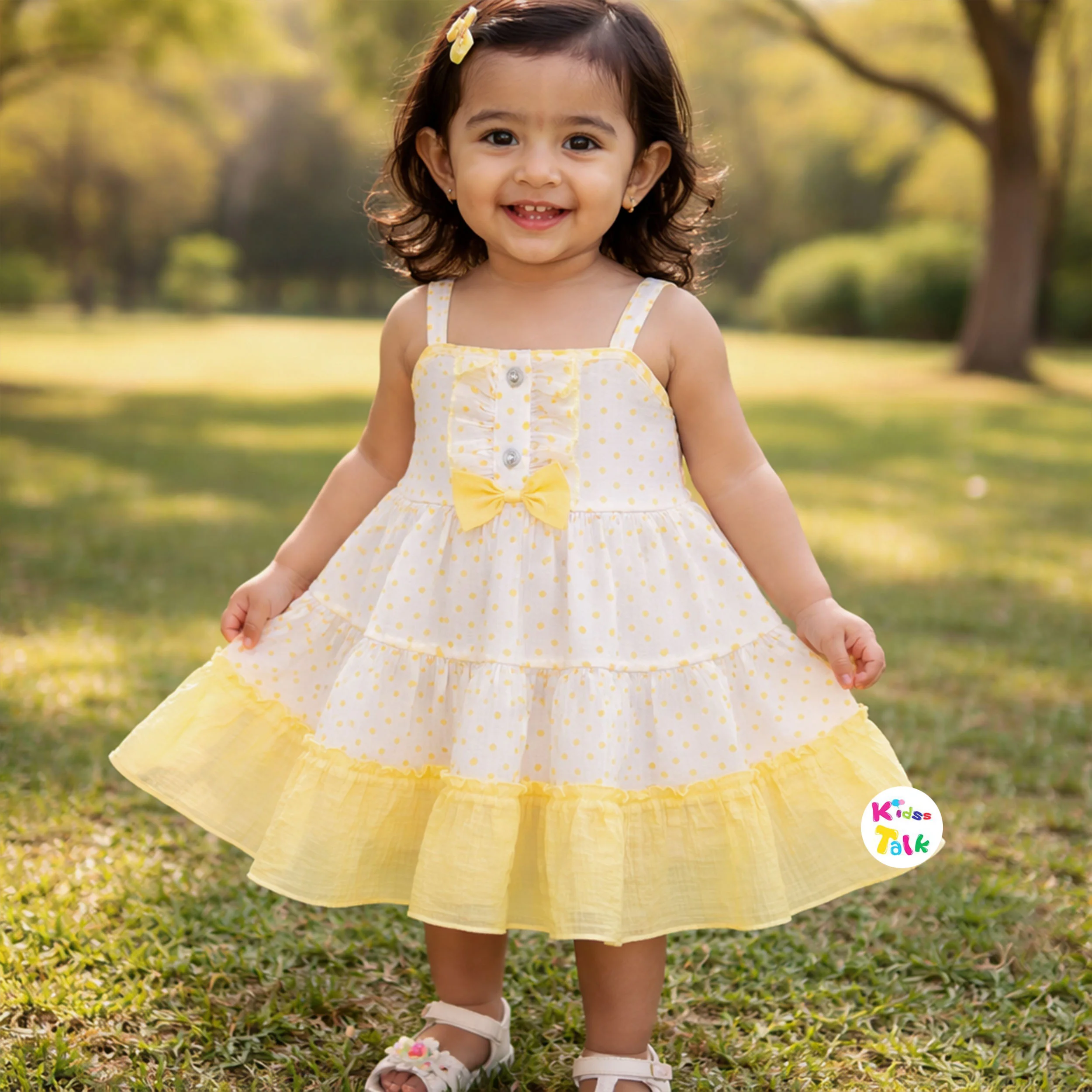 Cotton Sleeveless Frock With Polka Dots - Lemon Yellow
