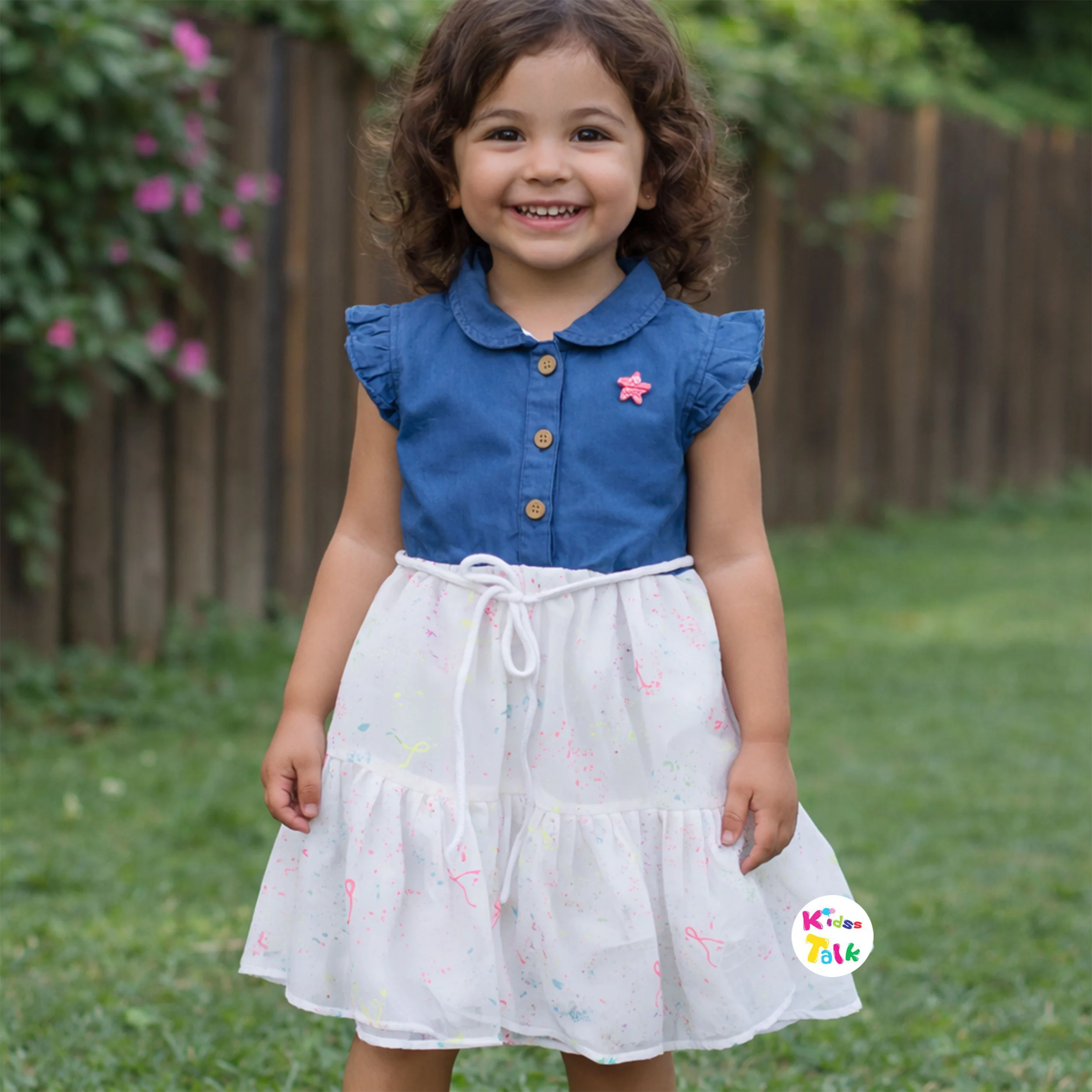 Cotton Half Sleeve Frock With Cute Print- White