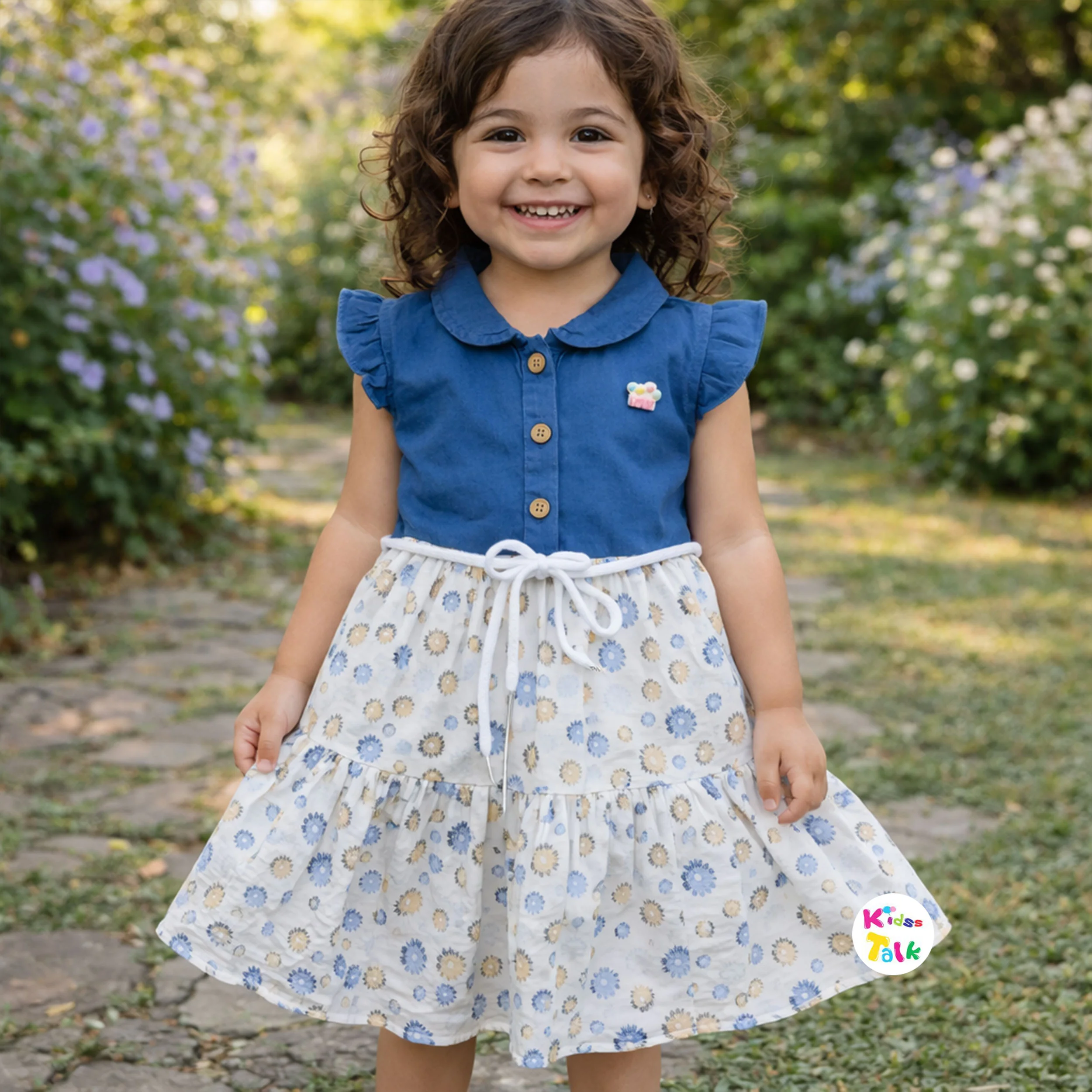 Cotton Half Sleeve Frock With Cute Print- Denim Blue