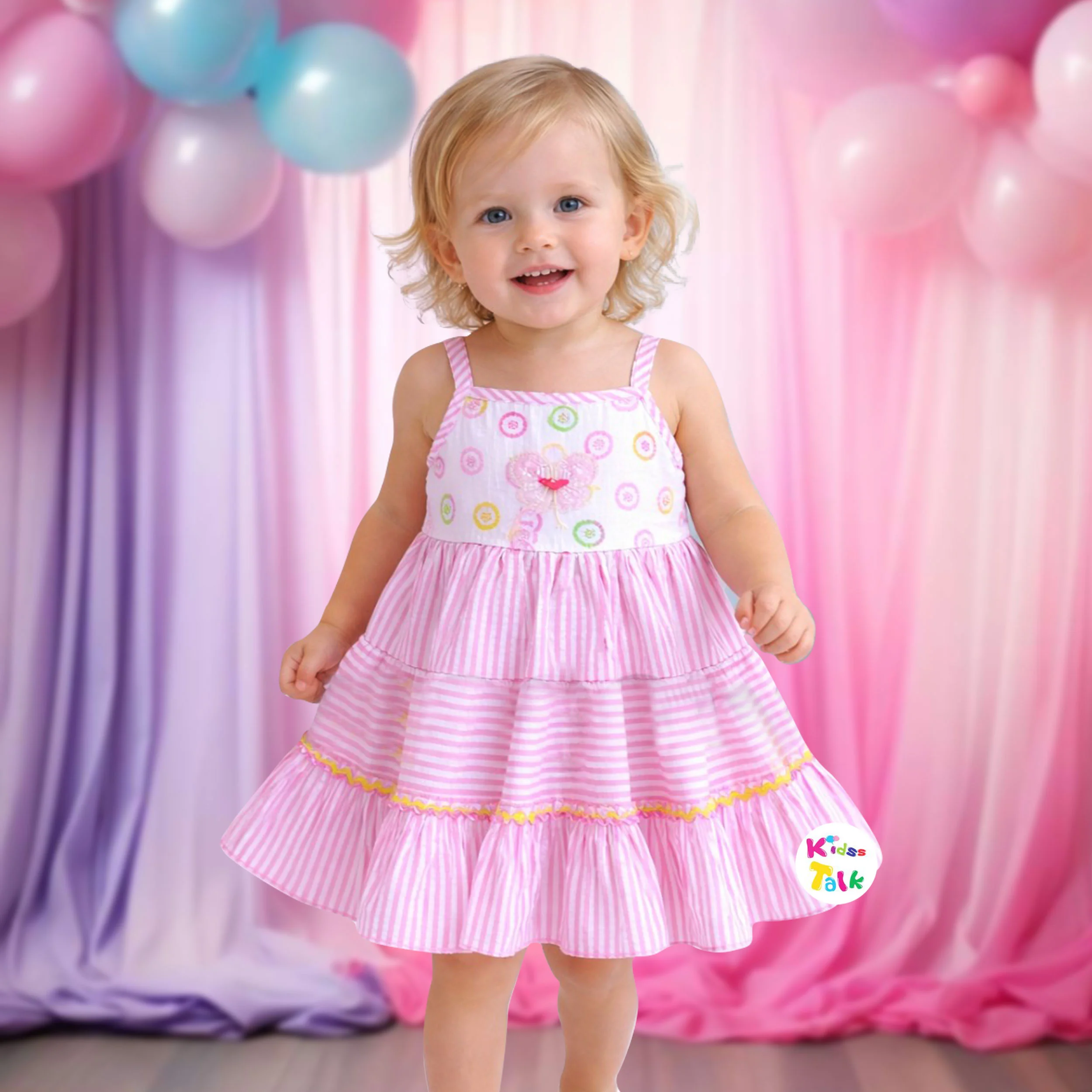 Seetsucker Sleeveless Frock With Cute Embroidered - Baby Pink