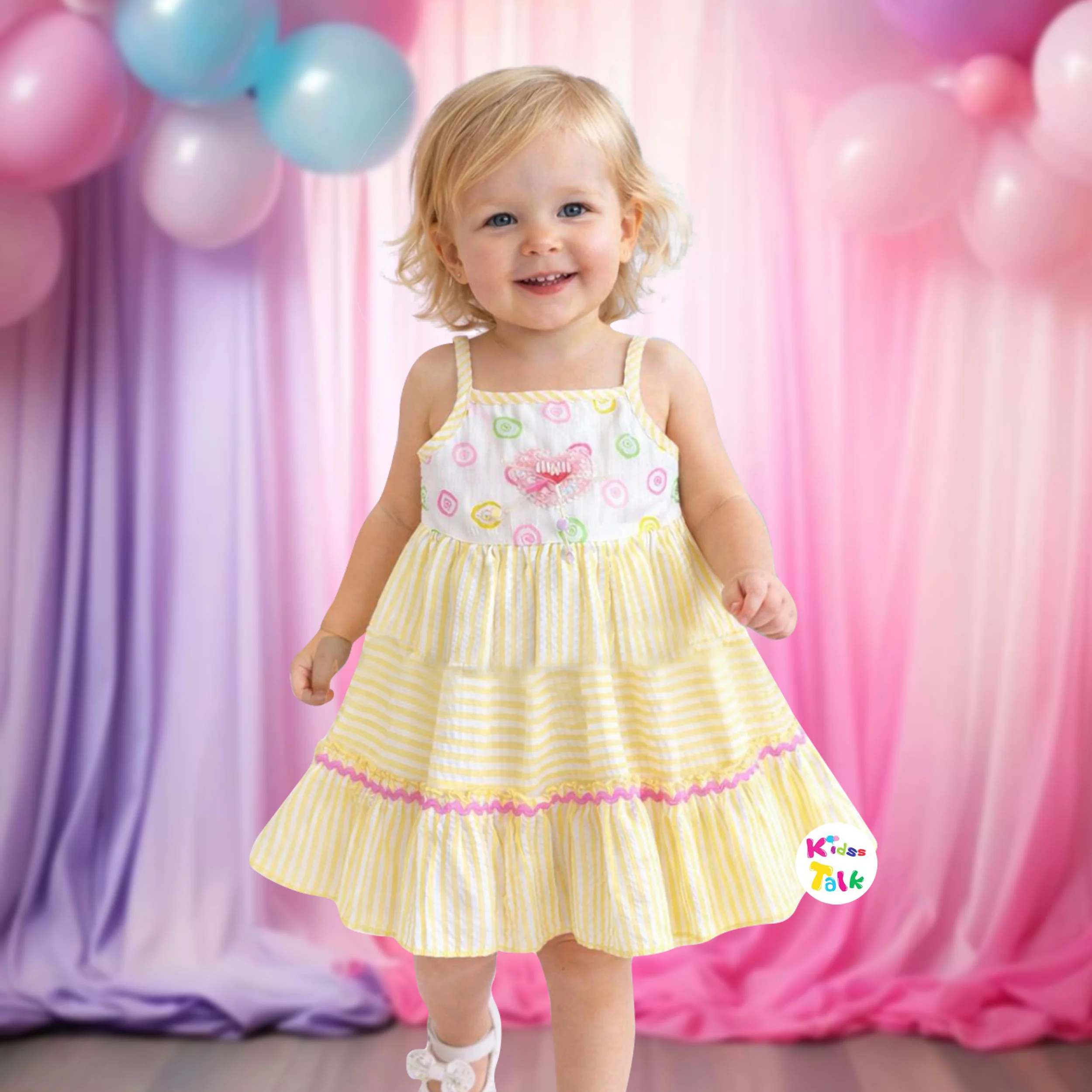 Seetsucker Sleeveless Frock With Cute Embroidered - Lemon Yellow