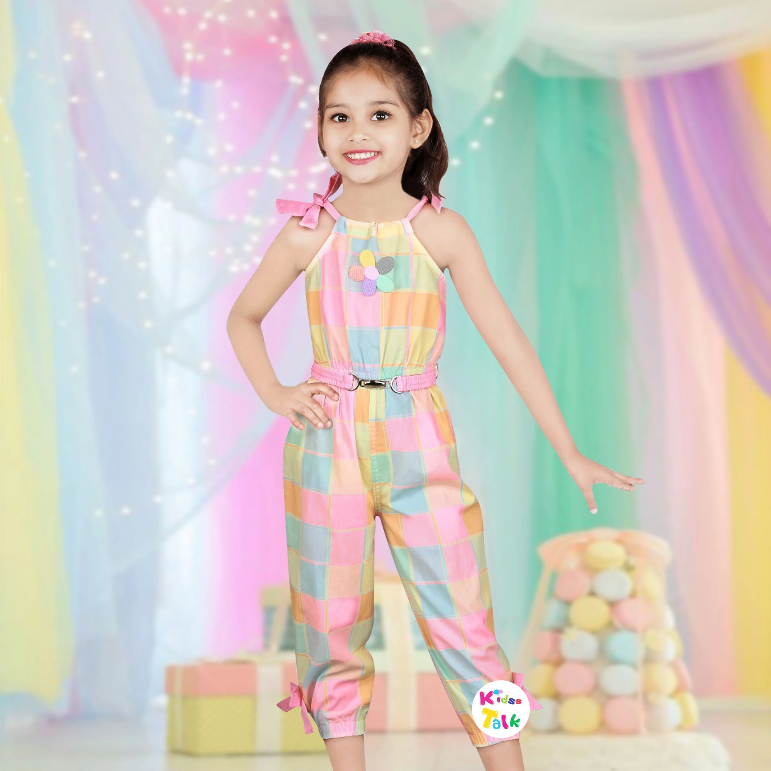 Cute Cotton Sleeveless Printed Jumpsuit - Multicolour