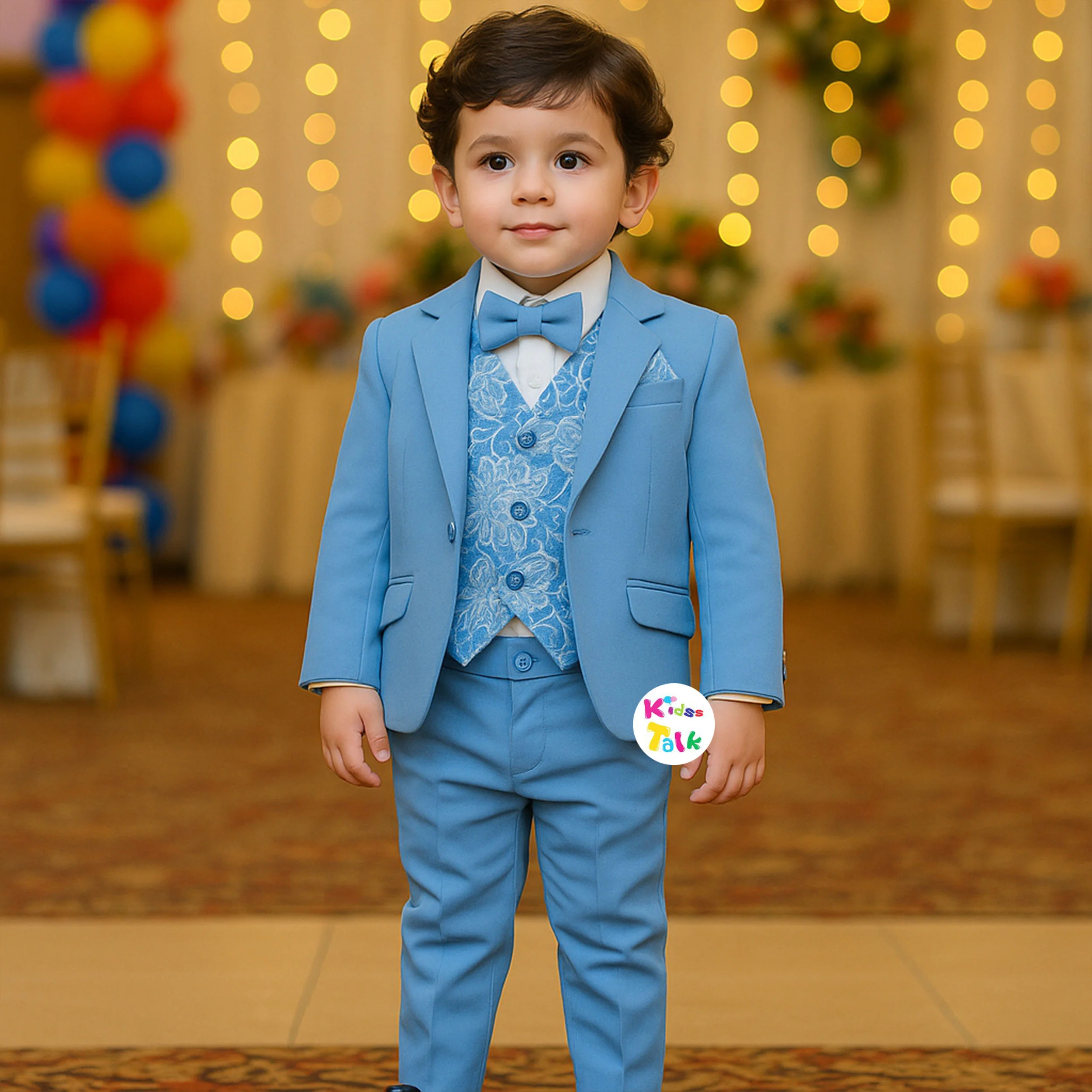 Royal 3 Piece Coat Set With Printed Waist Coat And Pant - Blue