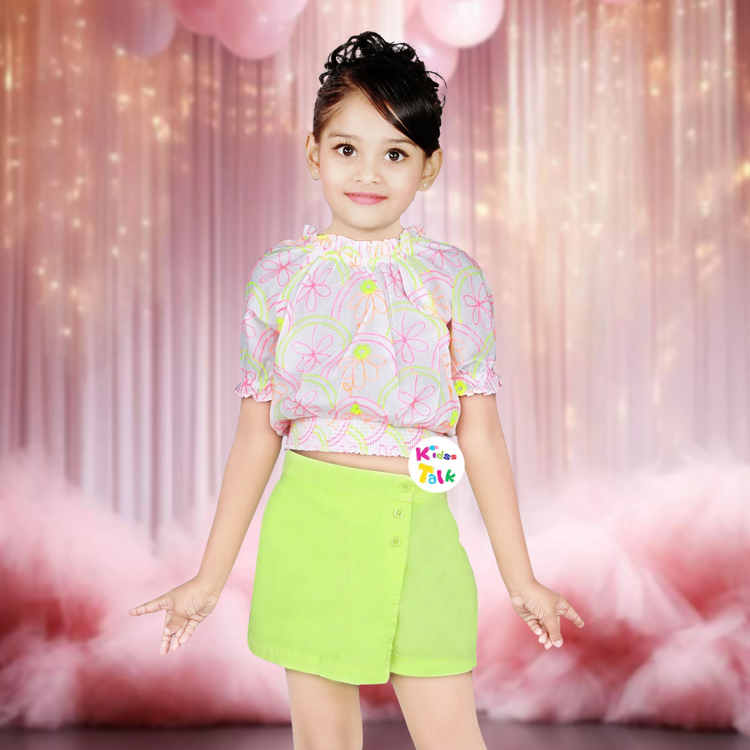 Cute Cotton Half Sleeve Top With Embroidered & Half Pant - Green