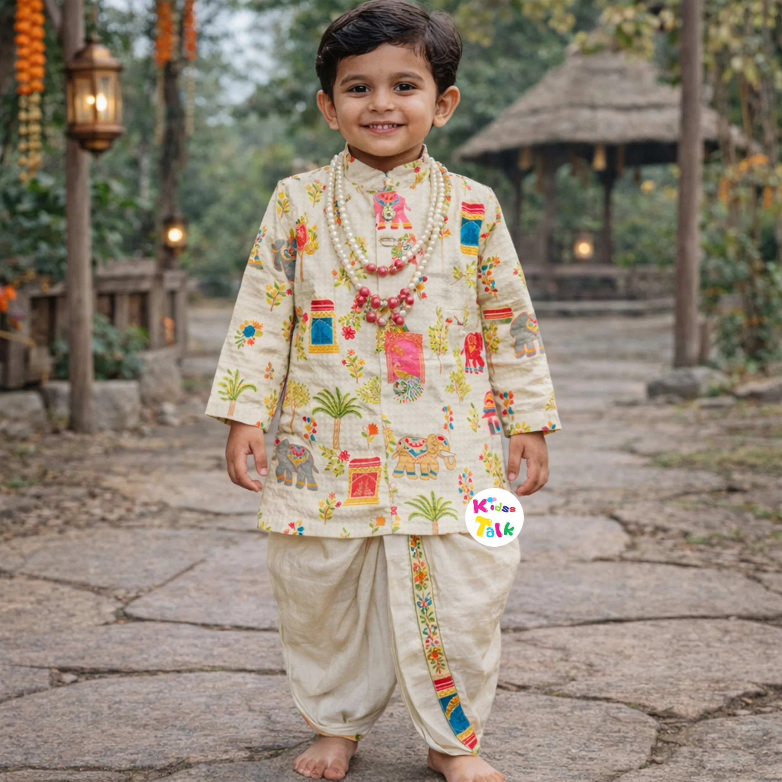 Royal Full Sleeve Embroidered Kurta With Pyjama & Dhoti - Cream