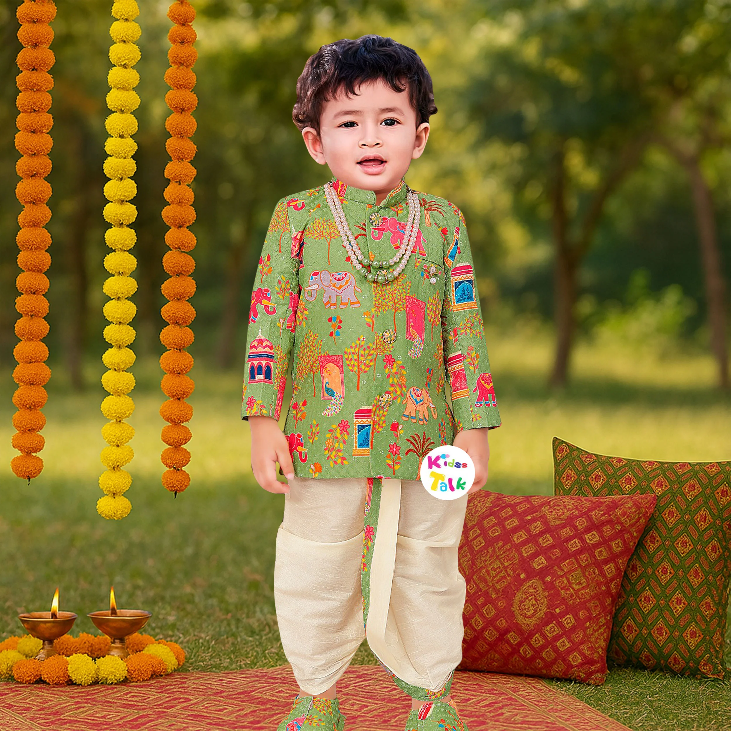 Royal Full Sleeve Kurta With Dhoti & Pyjama - Pista Green