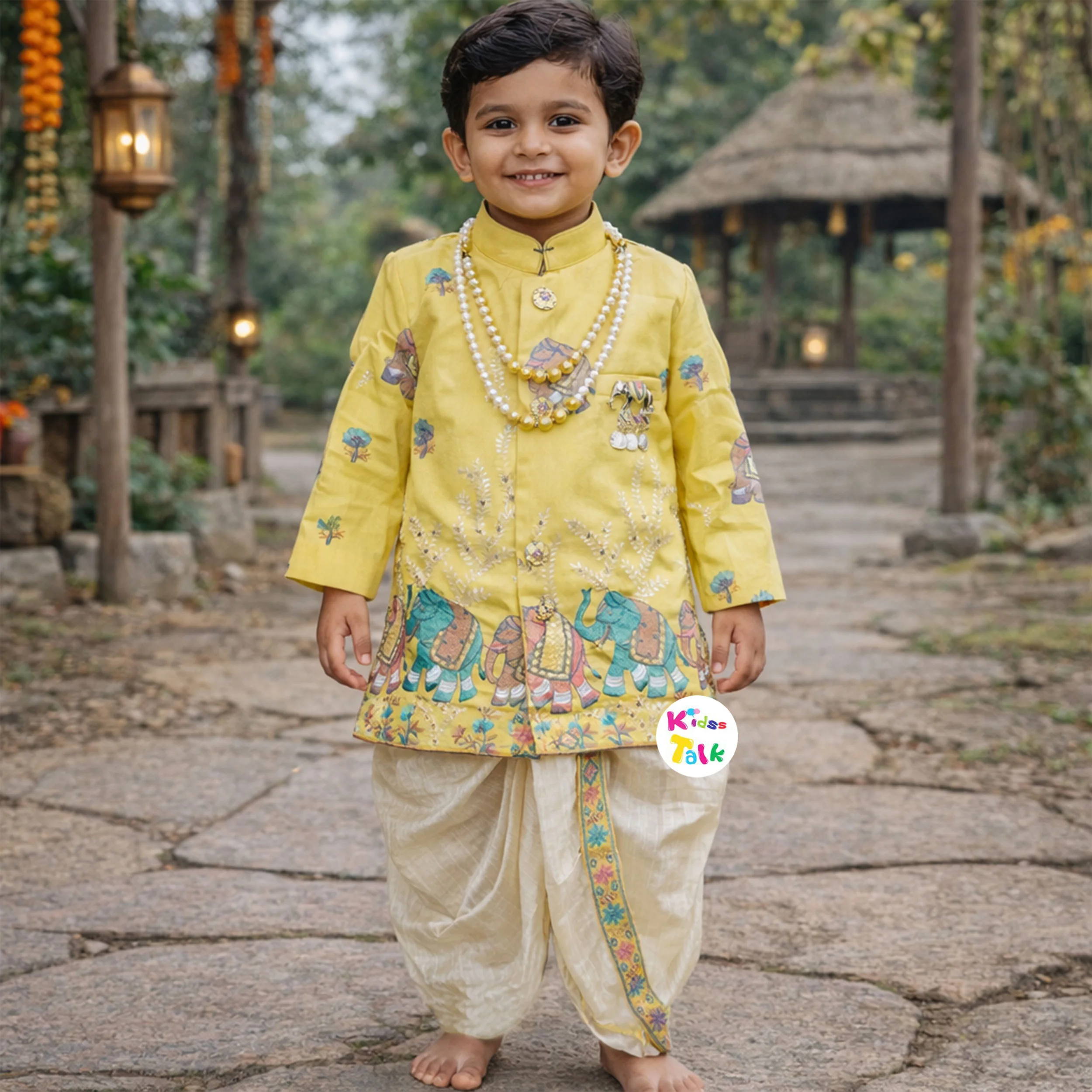 Royal Full Sleeve Embroidered Kurta With Pyjama & Dhoti - Lemon Yellow