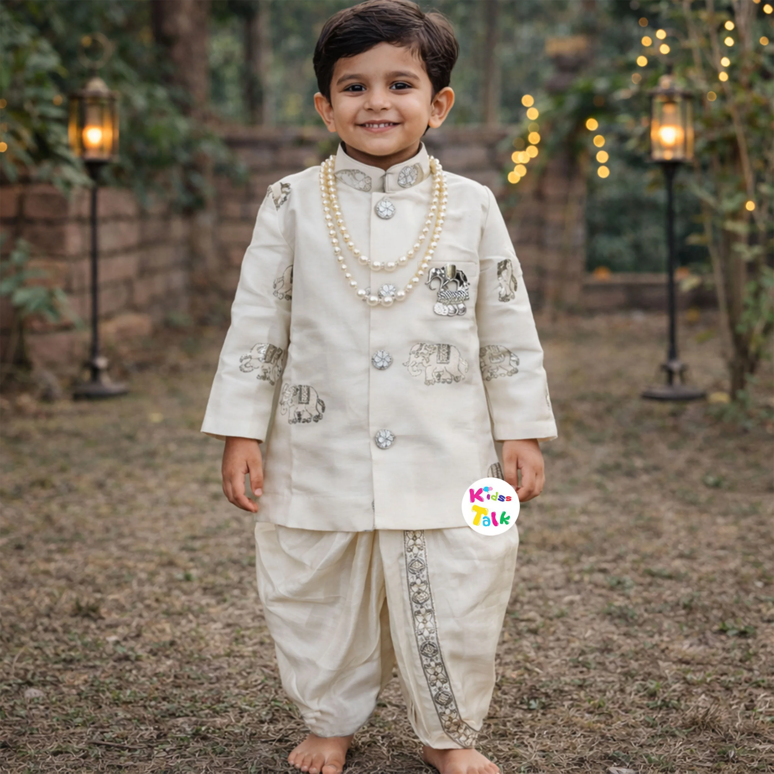Royal Full Sleeve Embroidered Kurta With Pyjama & Dhoti - Cream