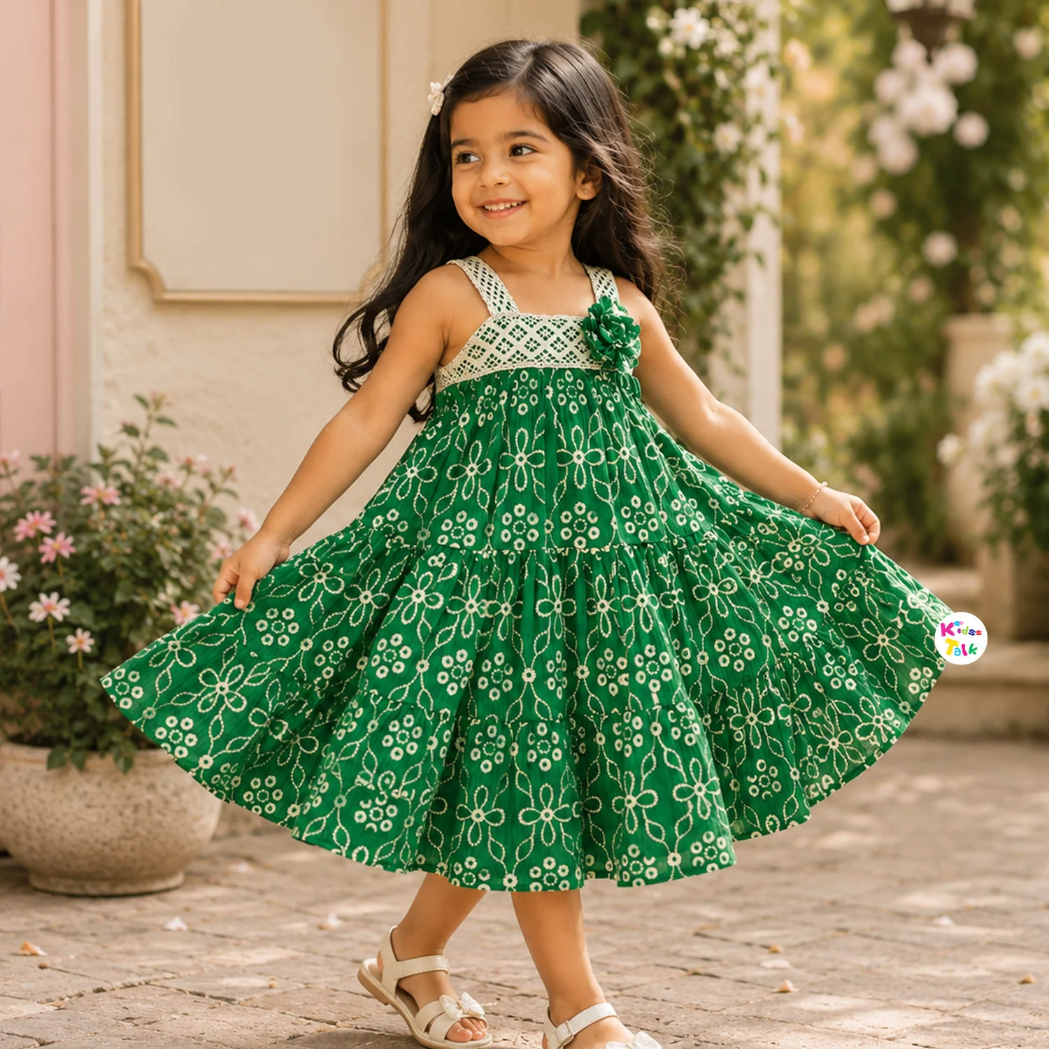 Cotton Sleeveless Frock With Artificial Flower - Green