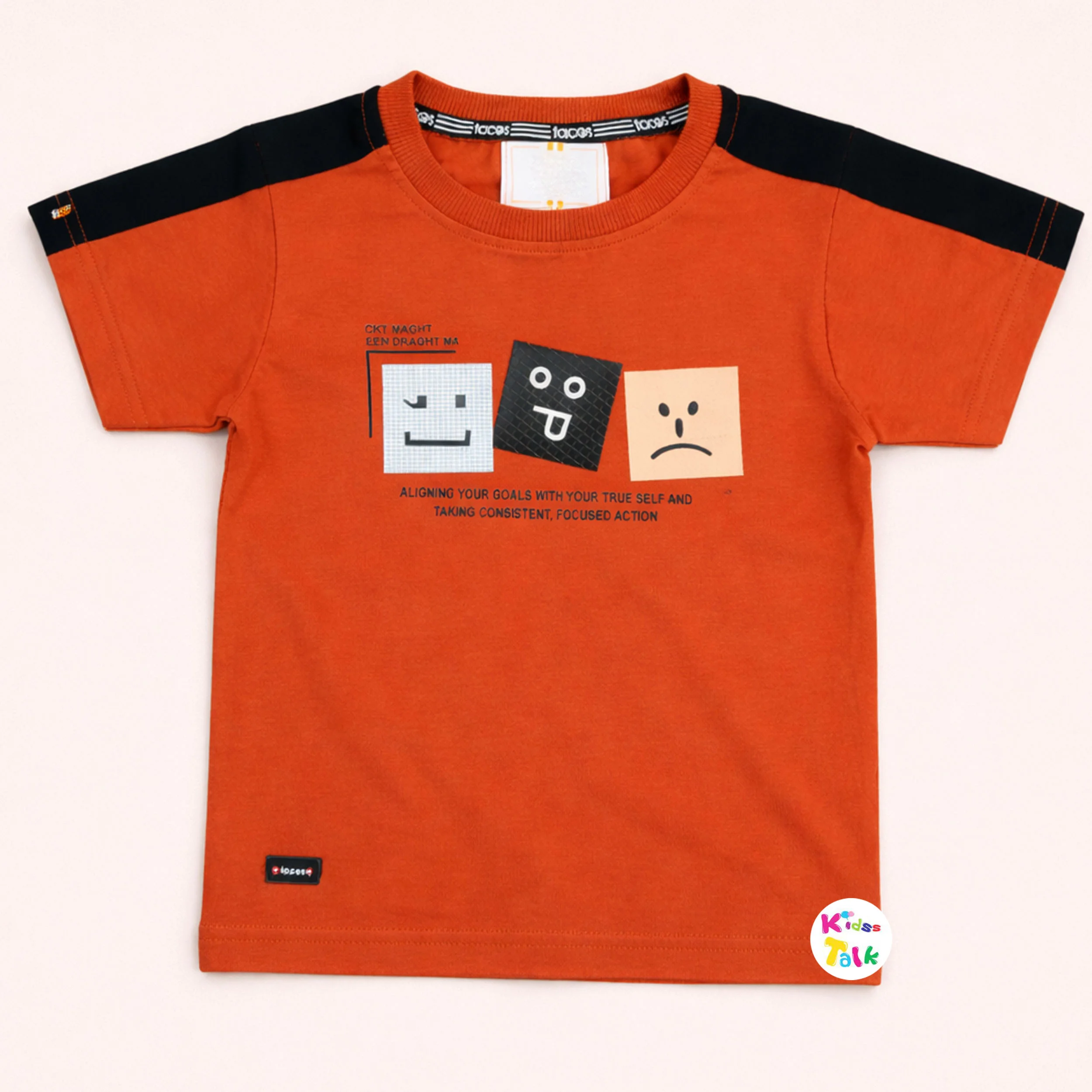 Cotton Knitted Half Sleeve T-shirt With Cute Print - Rust Orange