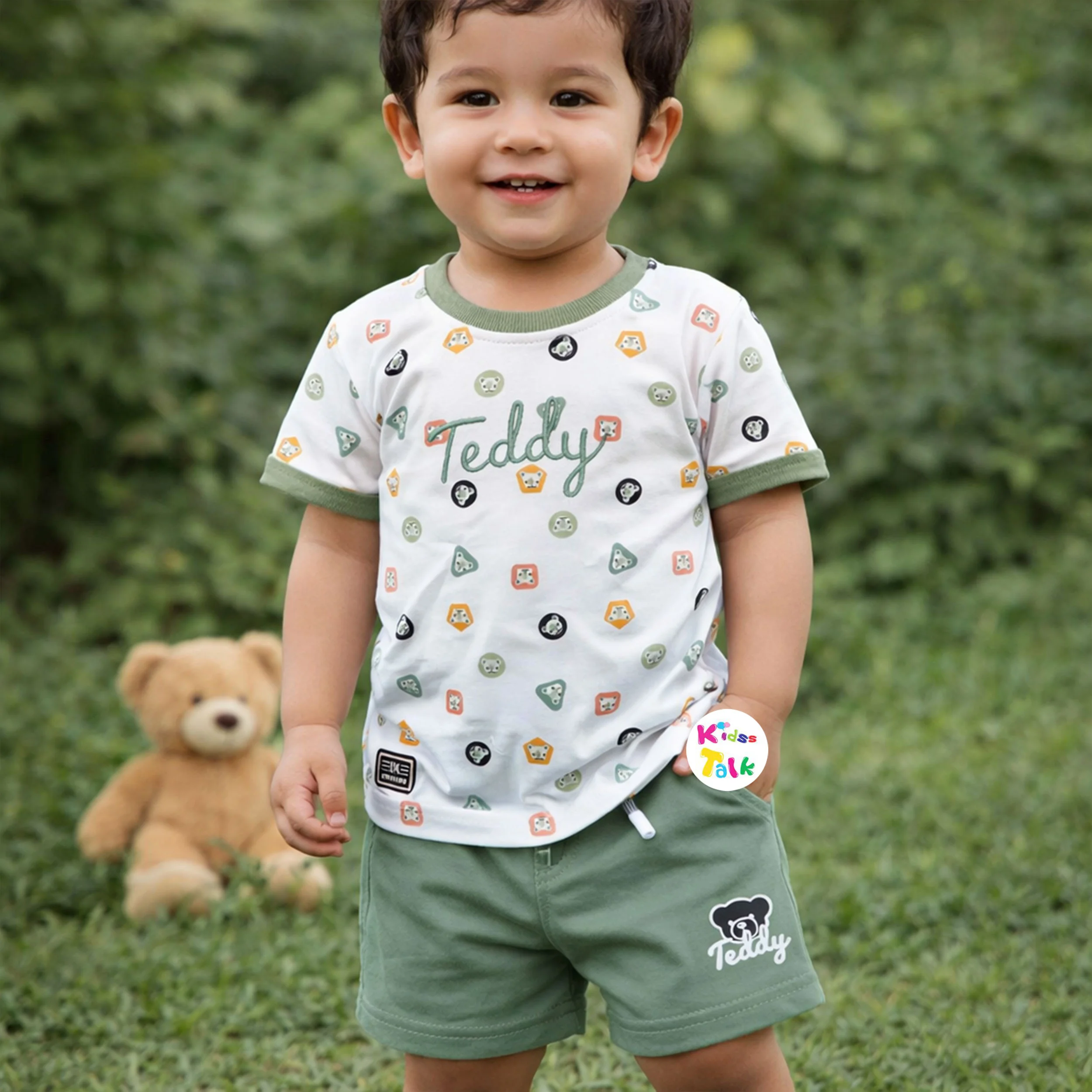 Cotton Knitted Half Sleeve T-shirt Set With Cute Print - Olive Green