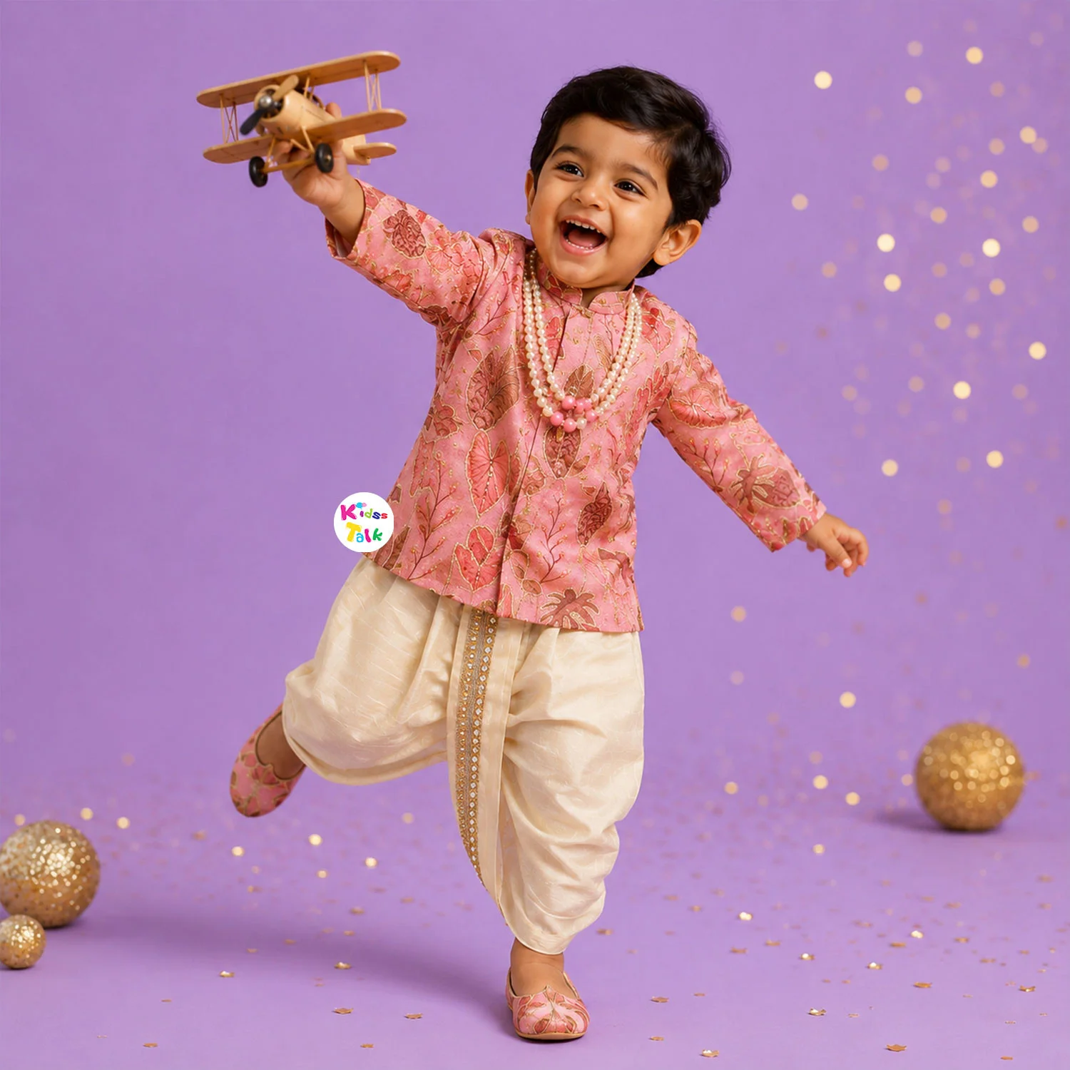 Royal Full Sleeve Embroidered Kurta With Pyjama & Dhoti - Peach