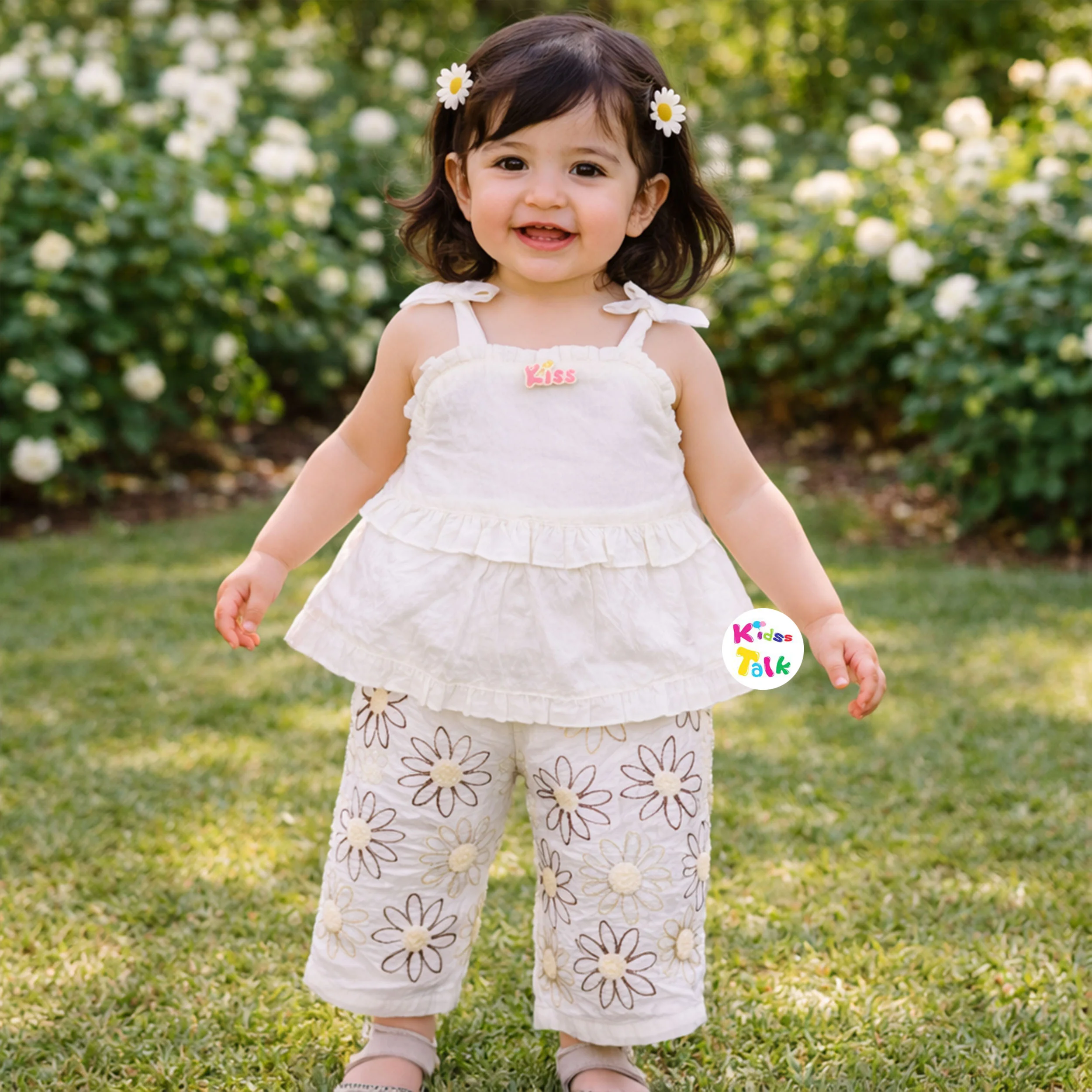 Cotton Sleeveless Top With Cute Embroidered & Culottes - White
