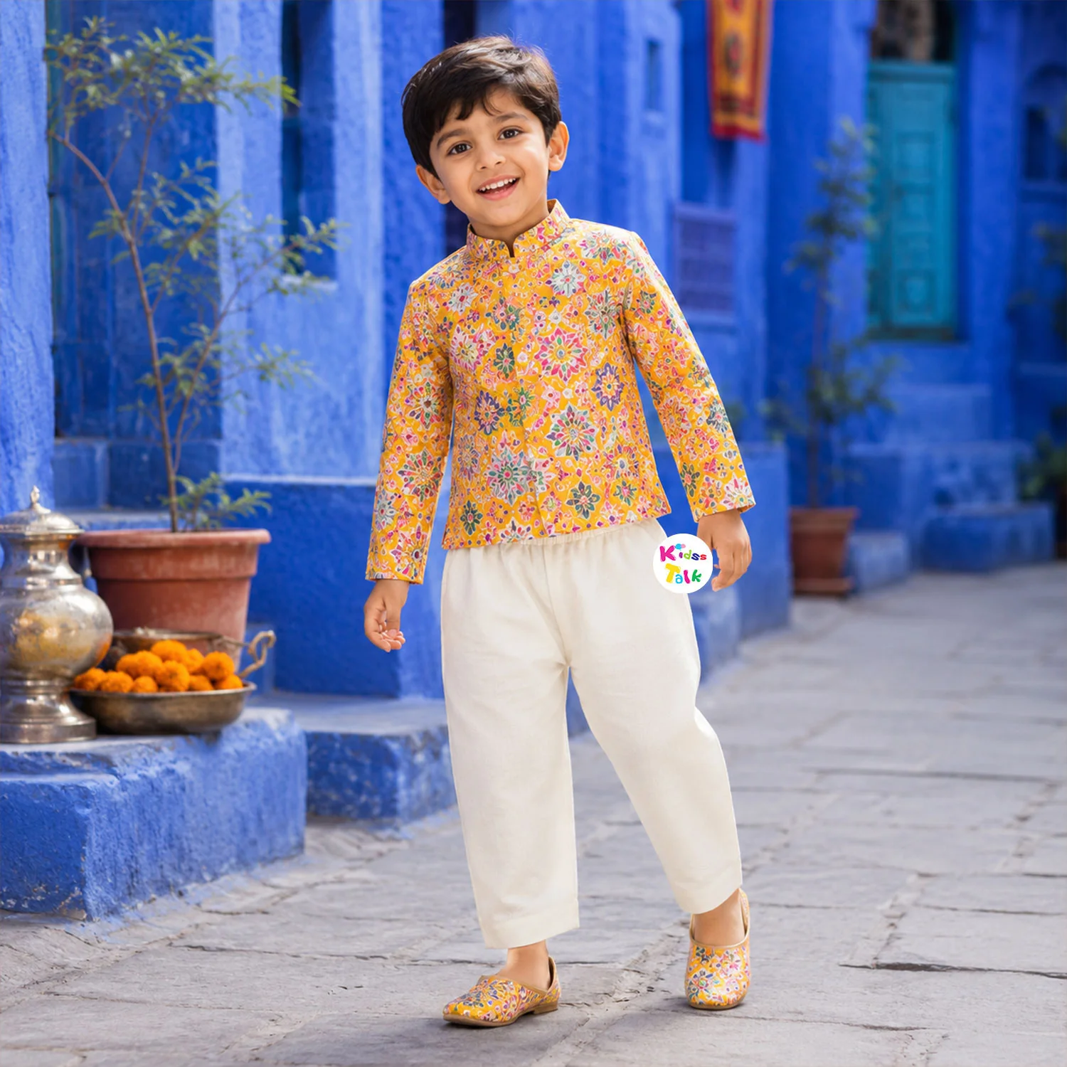 Royal Full Sleeve Embroidered Kurta With Pyjama & Dhoti - Yellow