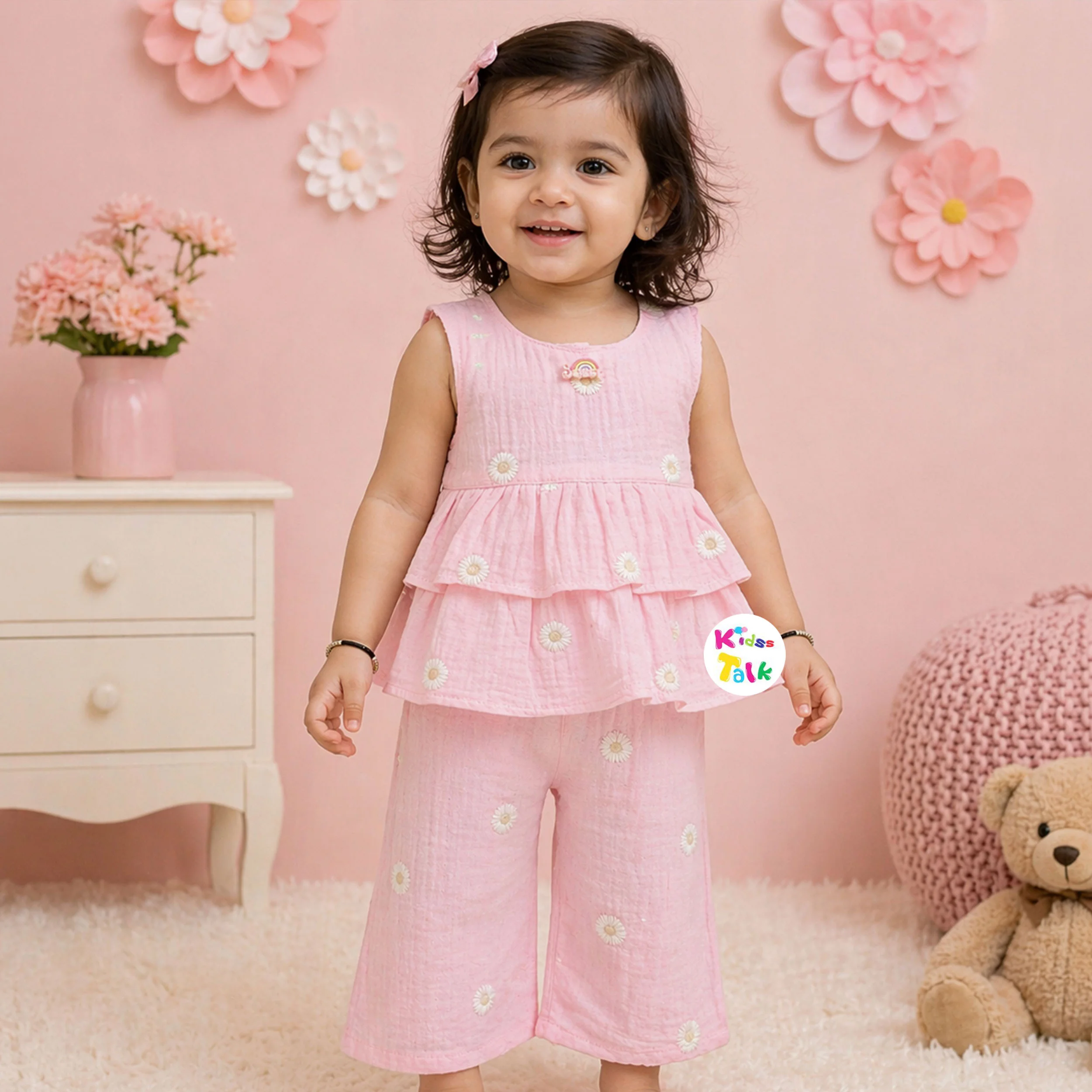 Muslin Sleeveless Embroidered Top & Full Pant - Baby Pink