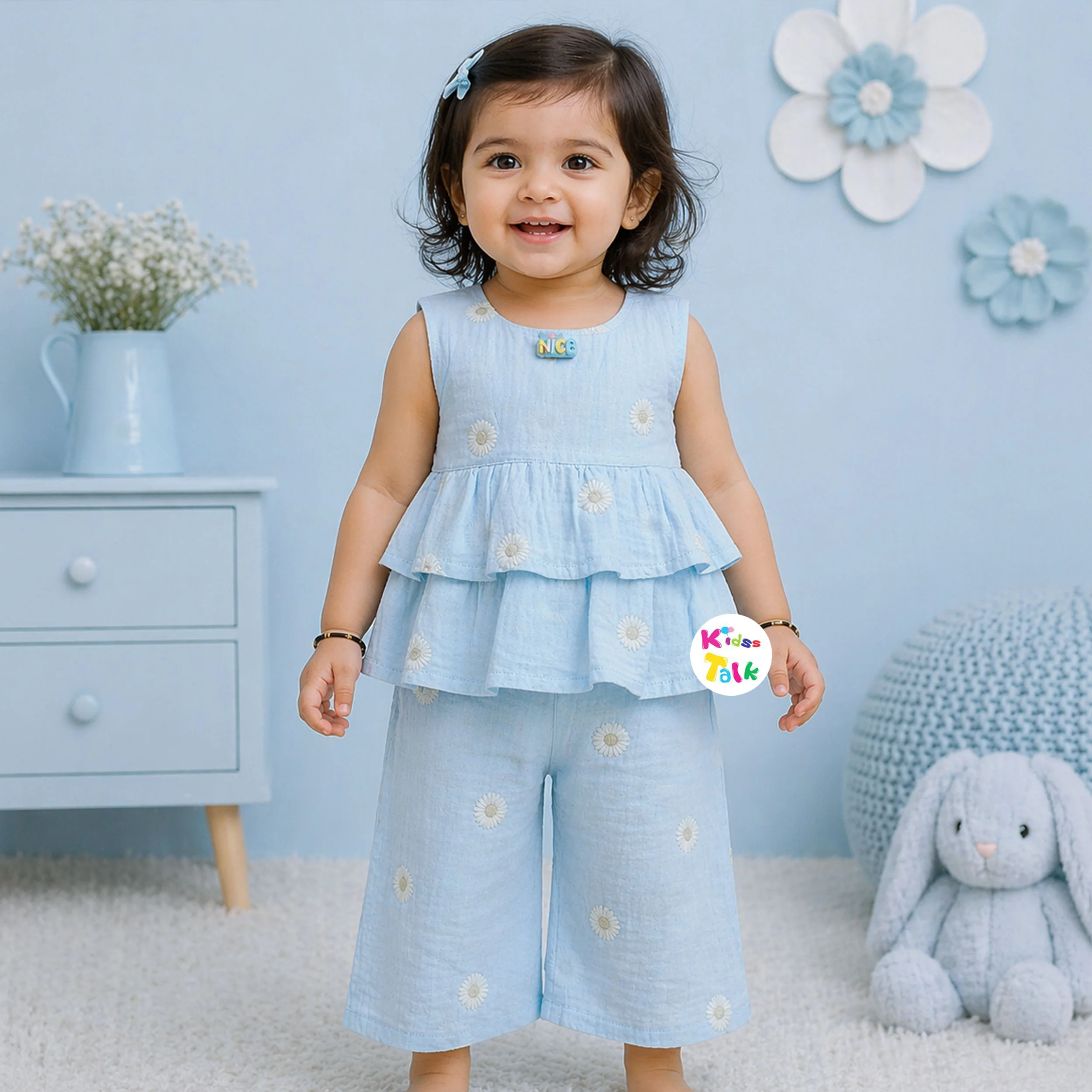 Muslin Sleeveless Embroidered Top & Full Pant - Ice Blue