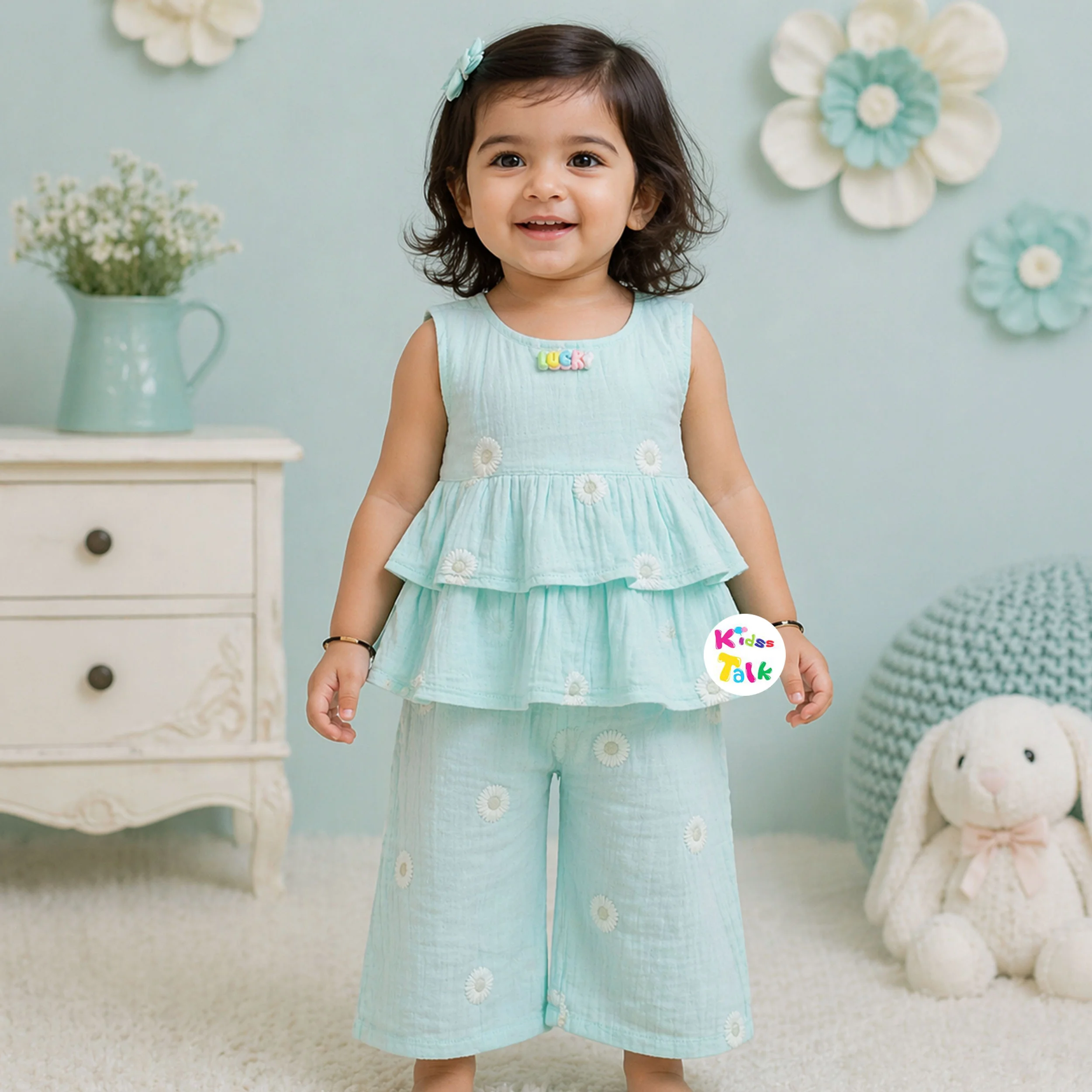 Muslin Sleeveless Embroidered Top & Full Pant - Mint Green