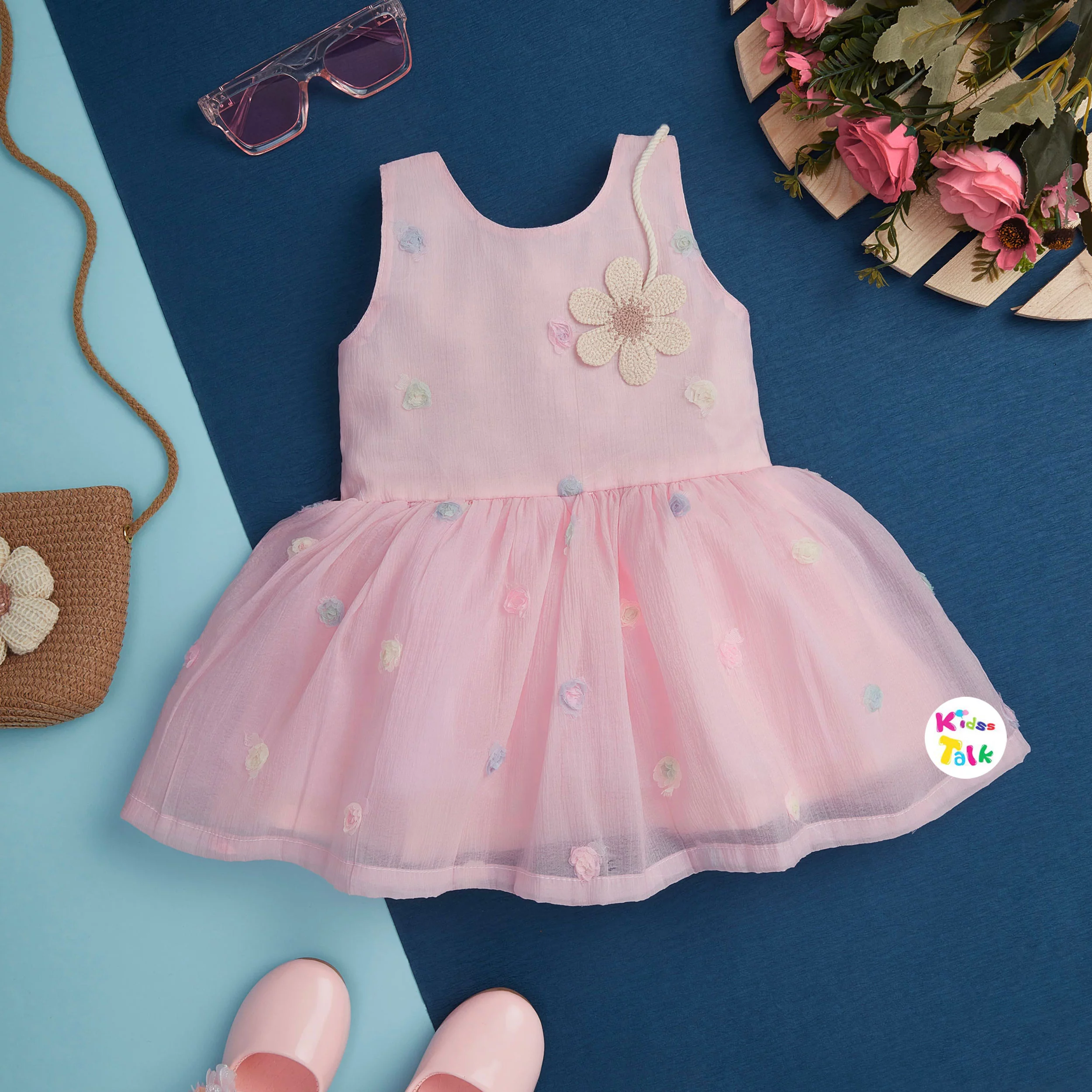 Georgette Sleeveless Frock With Patch Work - Baby Pink