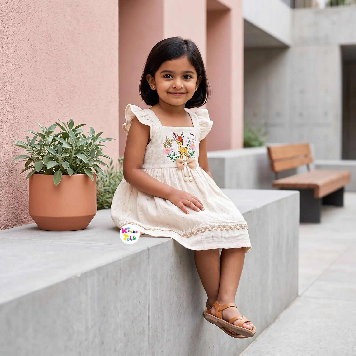 Cute Cotton Half Sleeve Frock With Cute Embroidered - Beige