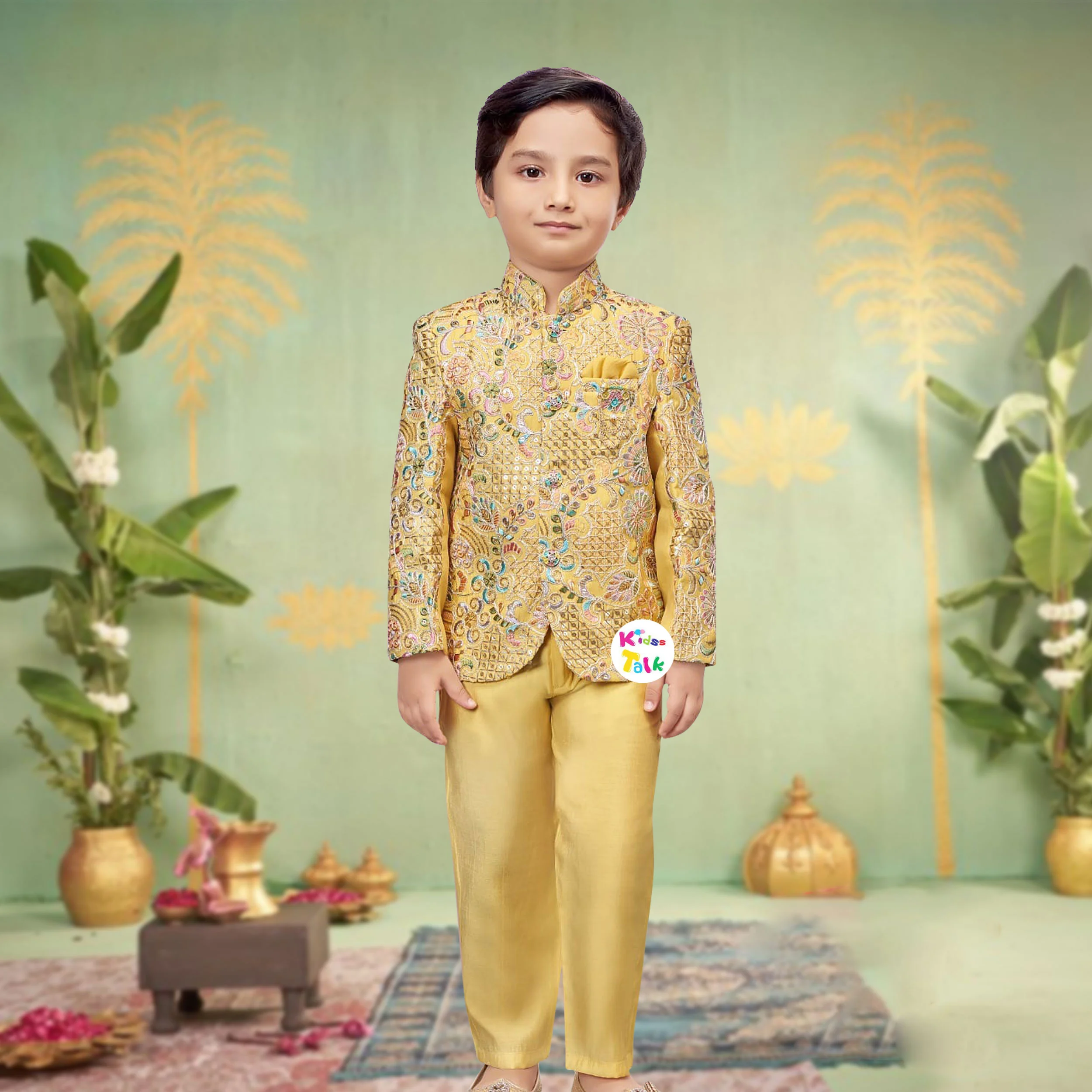 Royal Full Sleeve Embroidered Kurta With Pyjama - Mustard