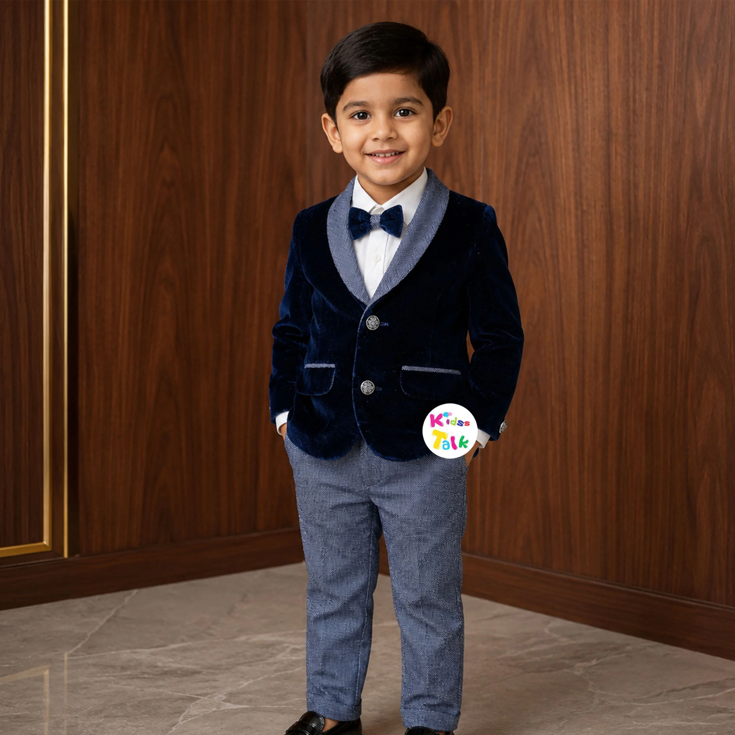 Velvet Shimmer Coat With White Shirt & Pant - Navy Blue