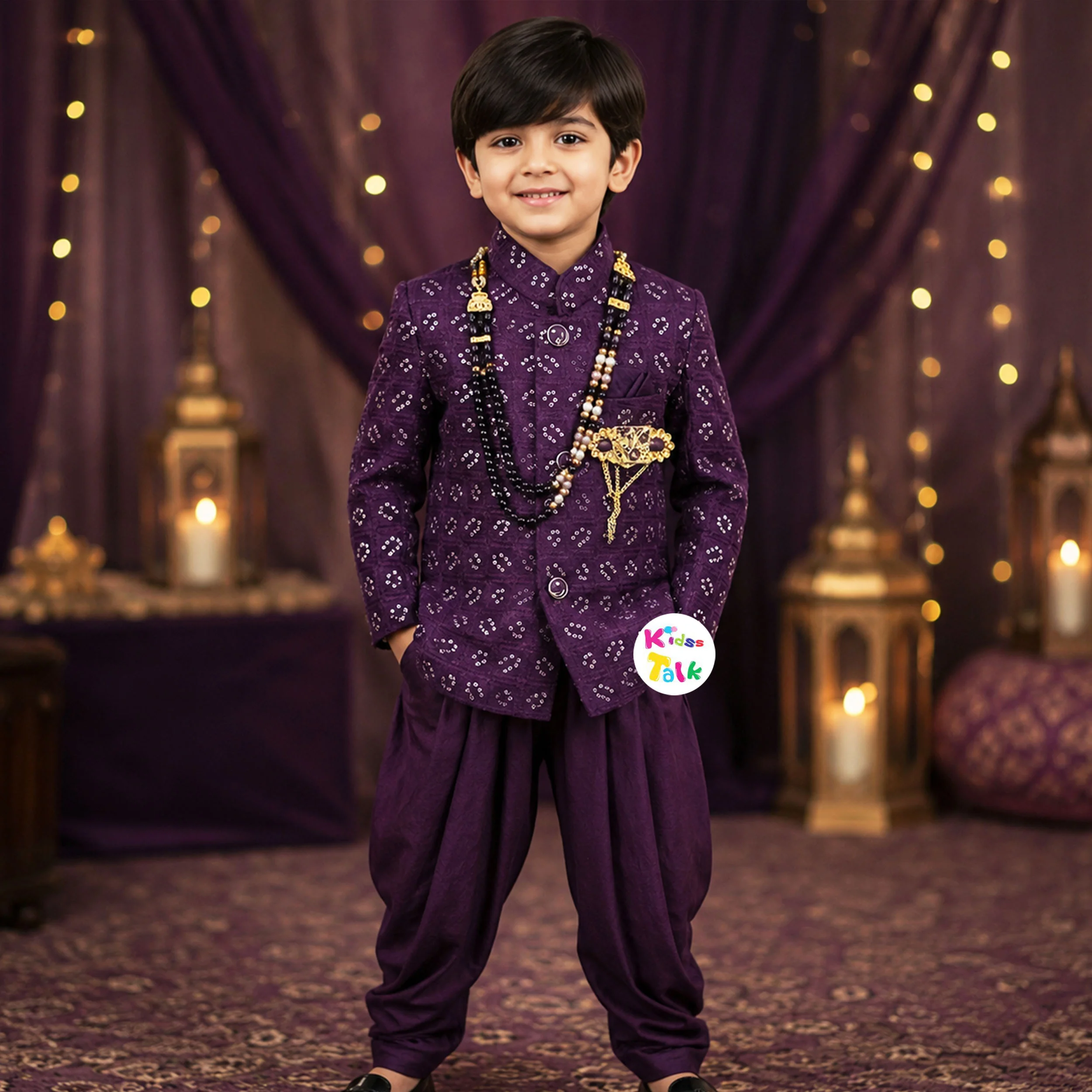 Royal Full Sleeve Sherwani Set With Embroidered - Purple